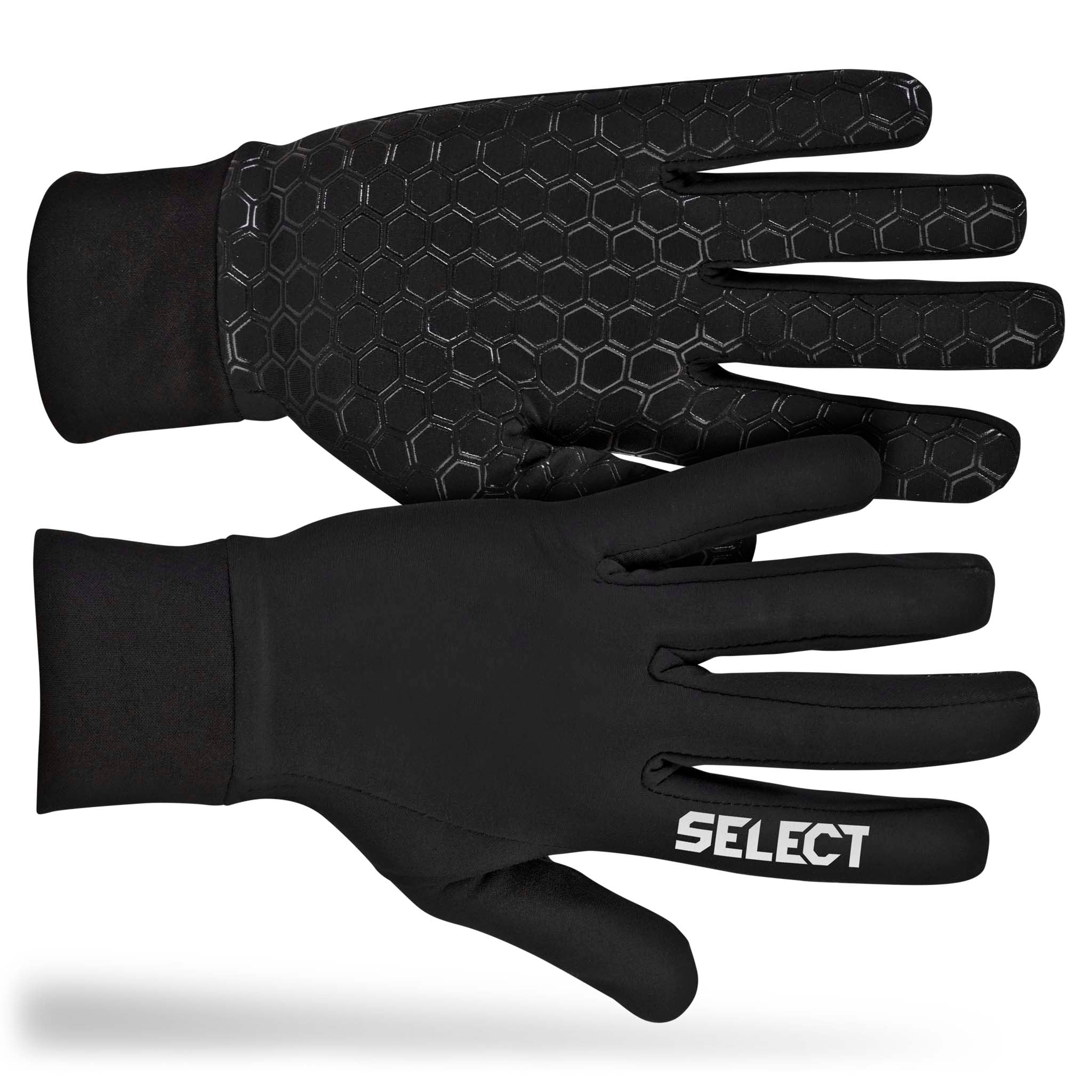 Svarta Player gloves, tillbehör. Fram- och baksida med grepp i handflatan och Select-logga på muddar.