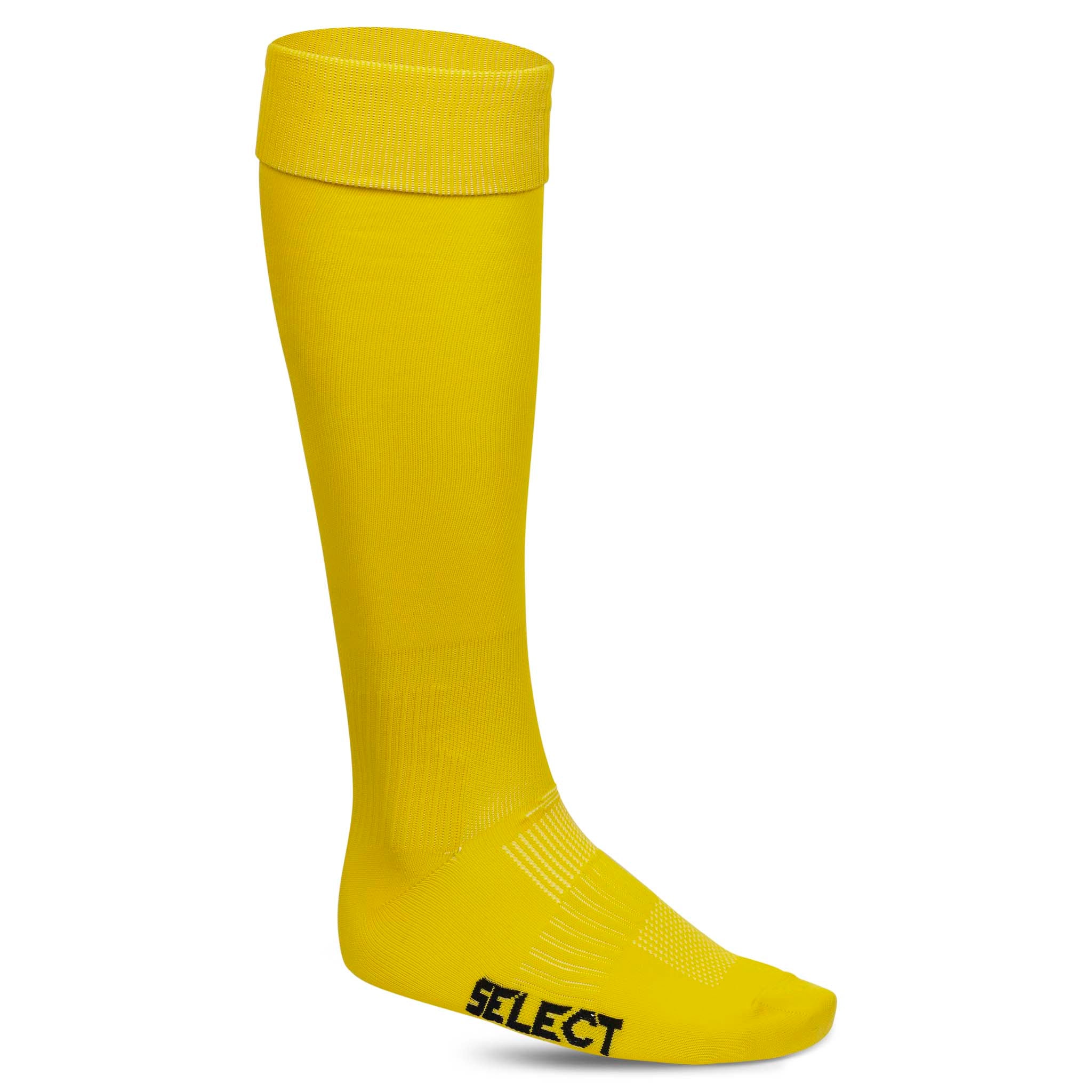 Framifrån av gula Football socks Club v22, Accessories, med svart Select-logga på foten.