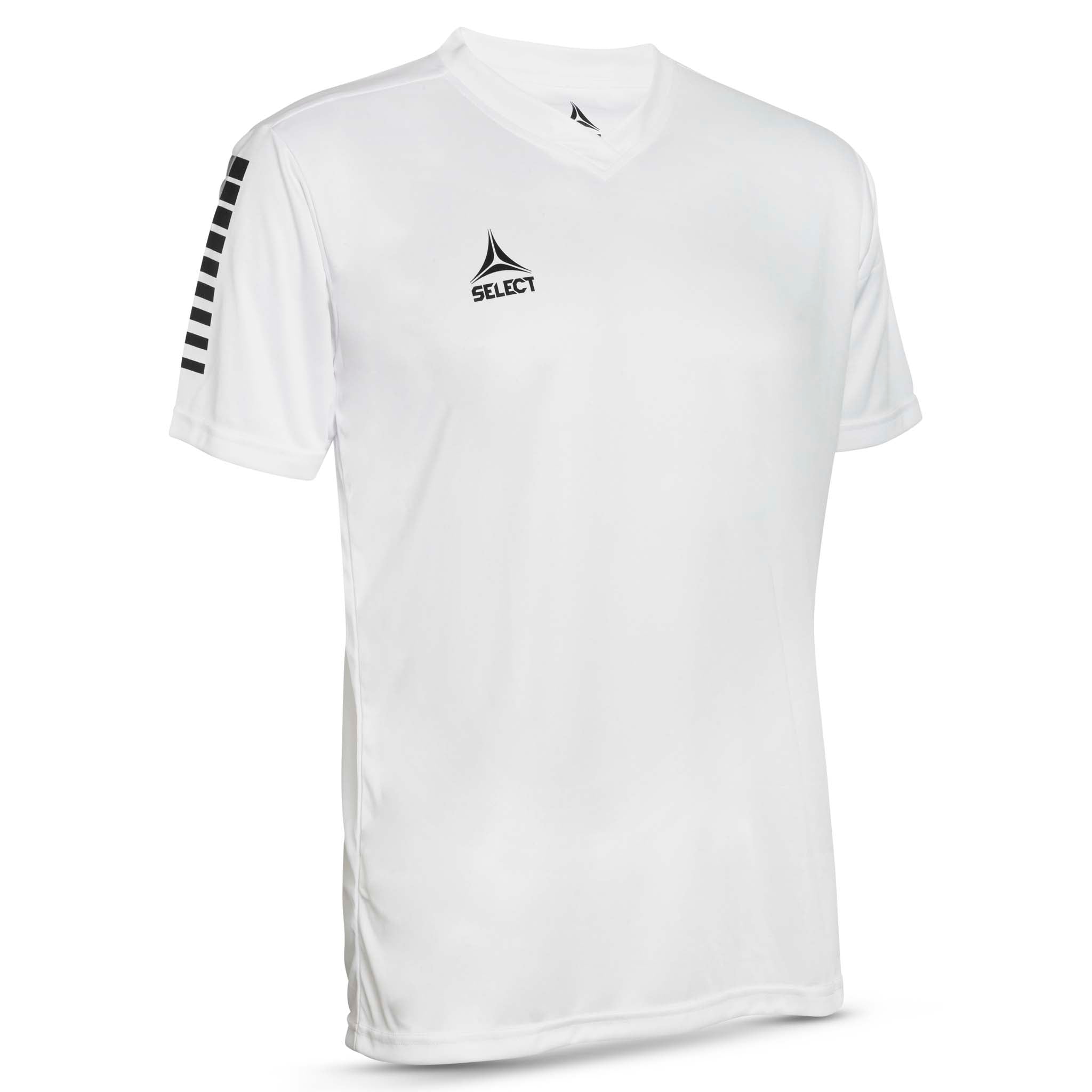 Framsida av vit Player shirt S/S Pisa med svarta detaljer, Match & Training wear för fotboll.