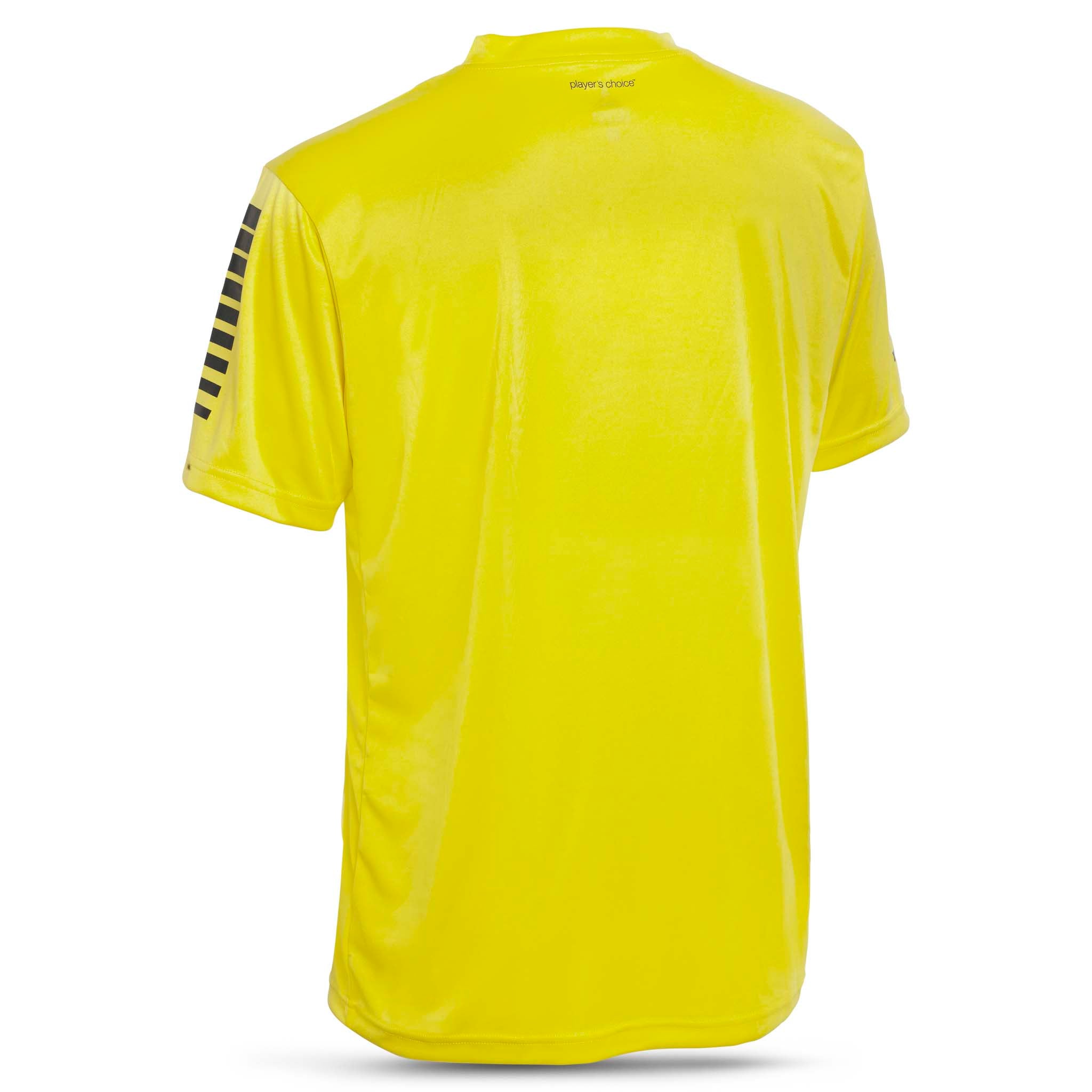 Baksida av gul Pisa Player Shirt S/S med svarta axelränder, Match & Training wear för fotboll.