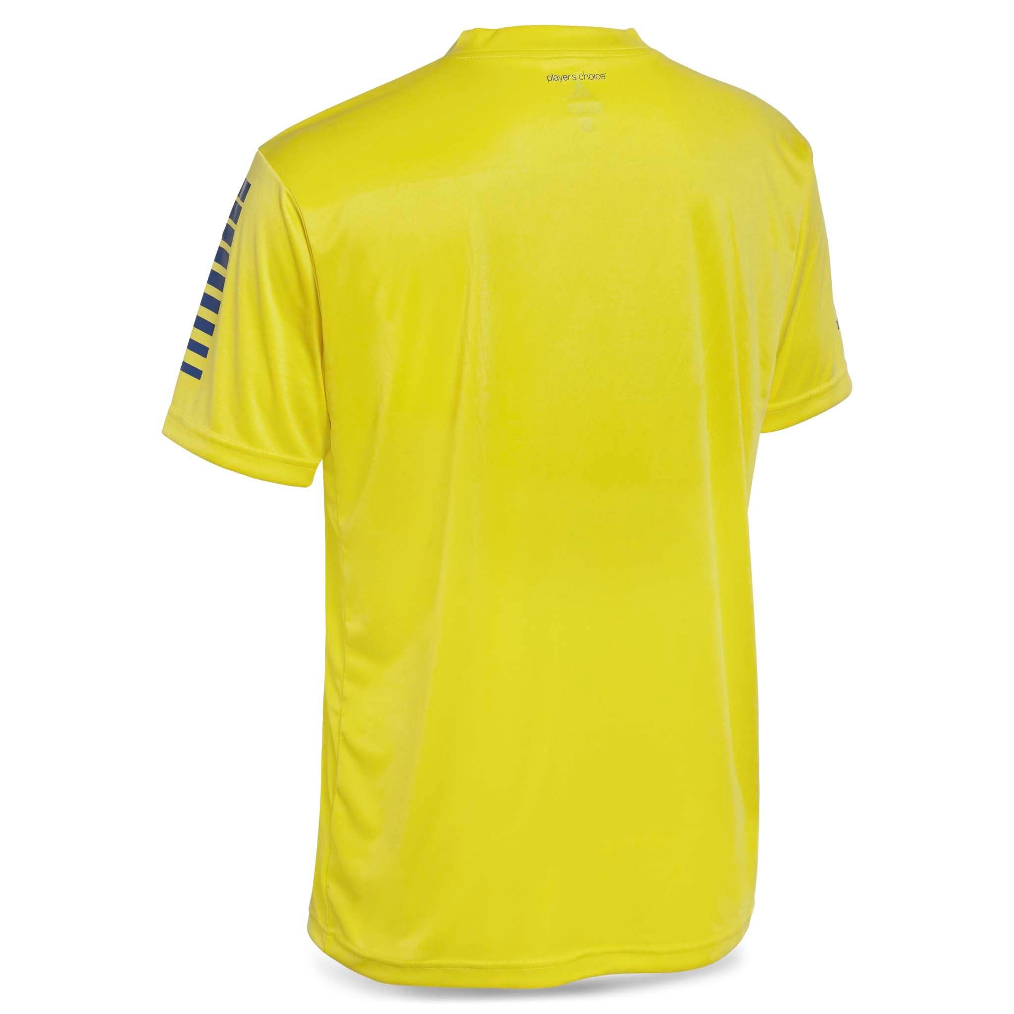 Baksida av gul Player shirt S/S Pisa med blå axelränder, Match & Training wear.