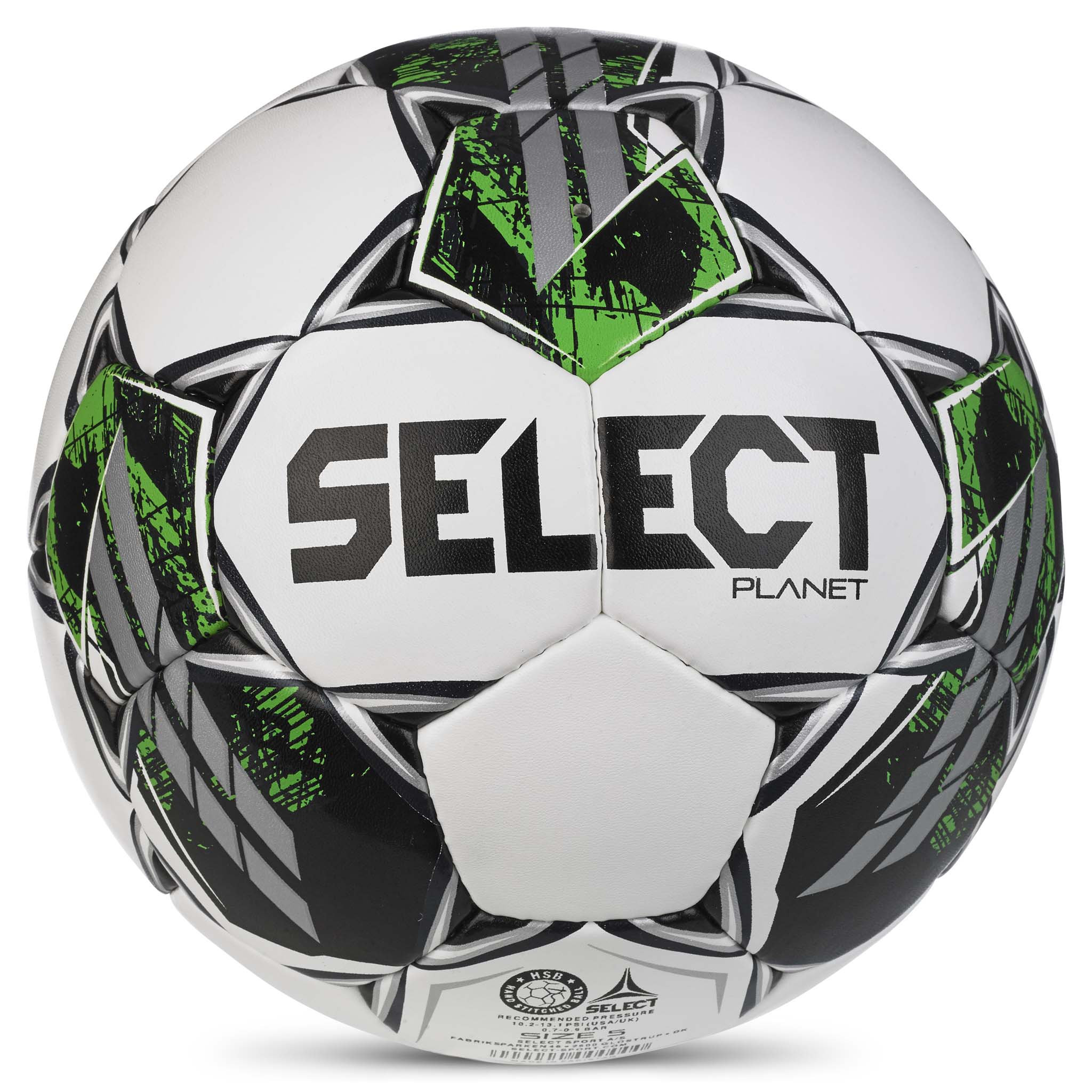Planet v23 fotboll i vitt, grönt, svart och grått. Baksidesvy av Select-bollen.