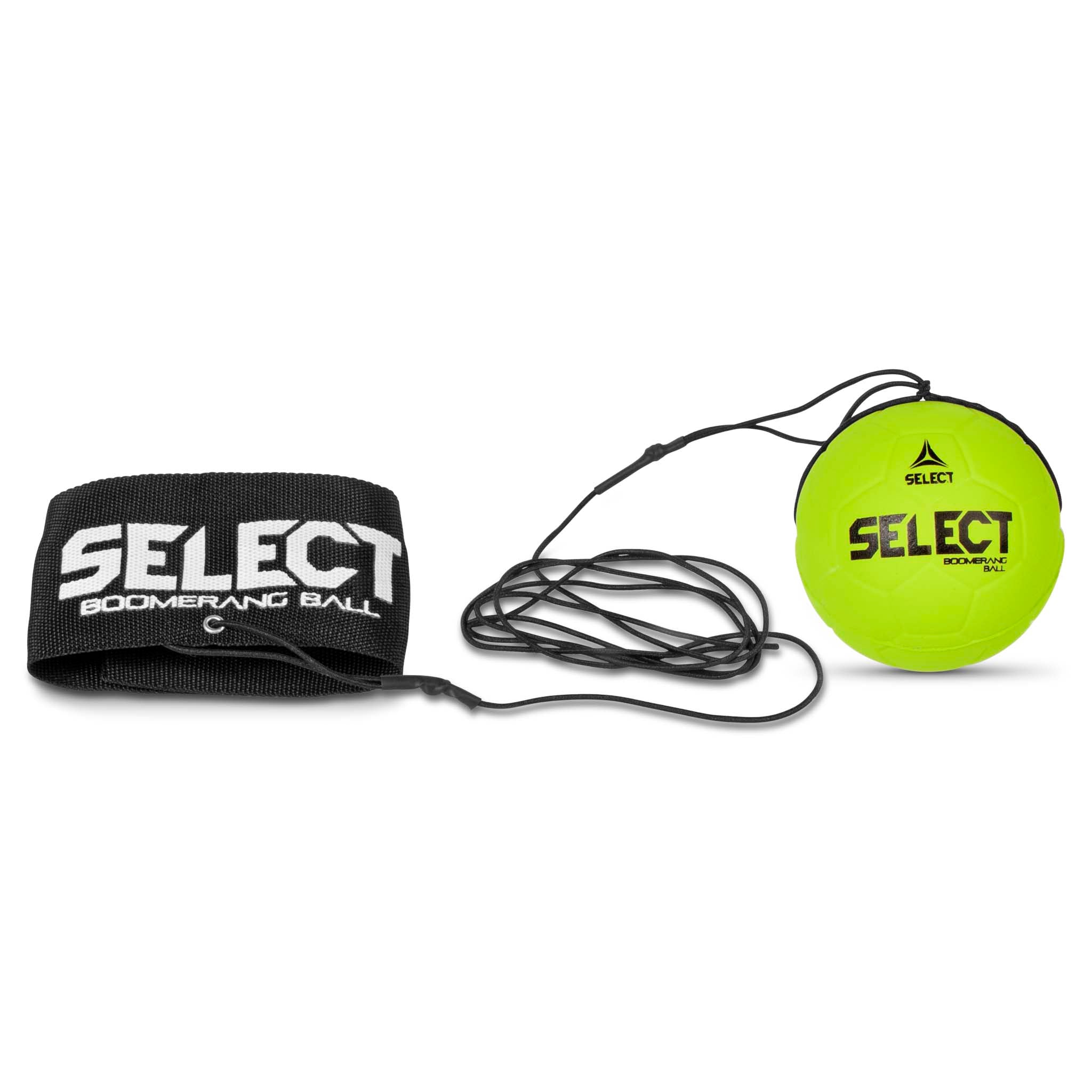 Boomerang Ball Select v23, Andra bollar. Neongul boll med snöre och svart handledsrem. Framsida.