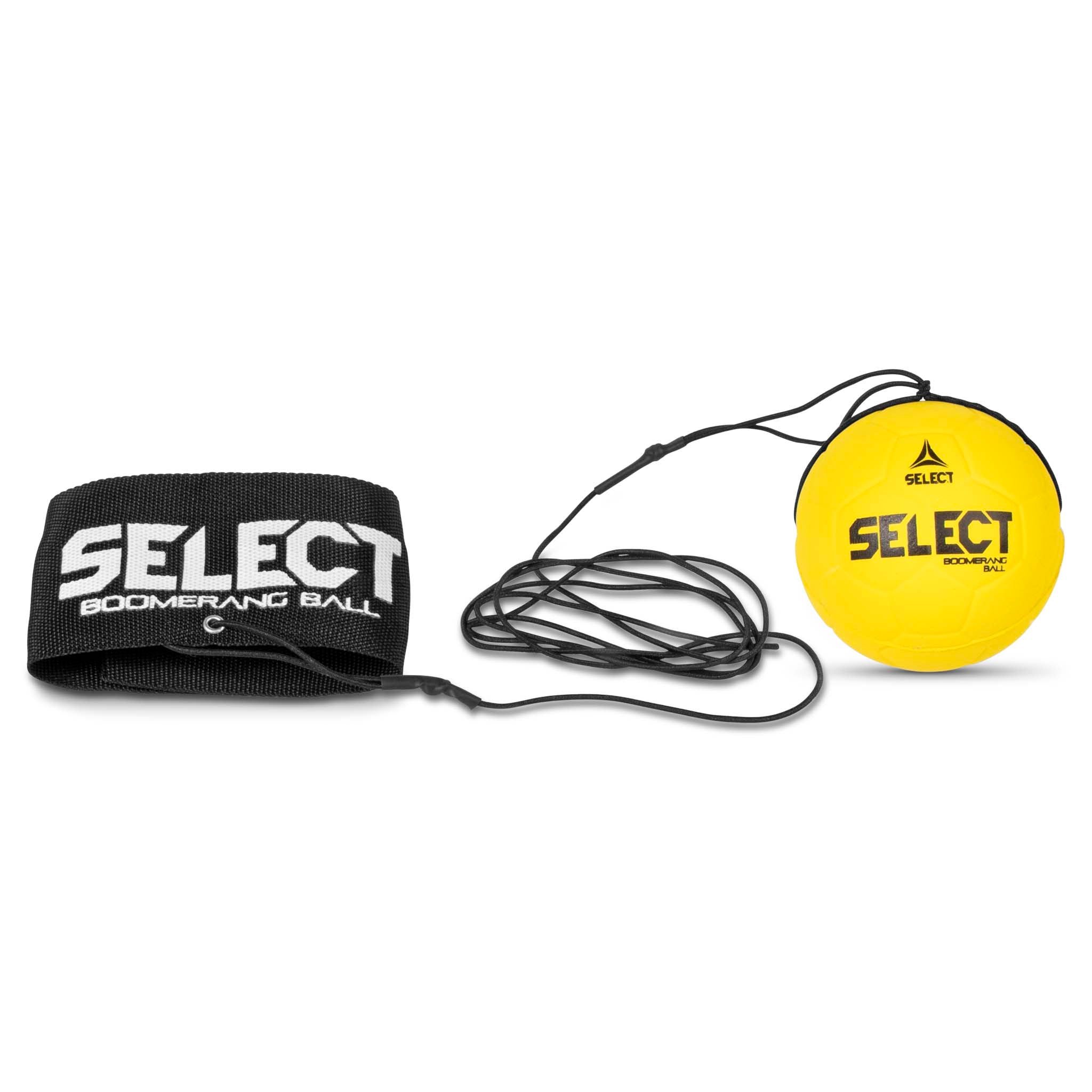 Boomerang Ball Select v23, gul boll med svart handledsrem och snöre, andra bollar, framsida