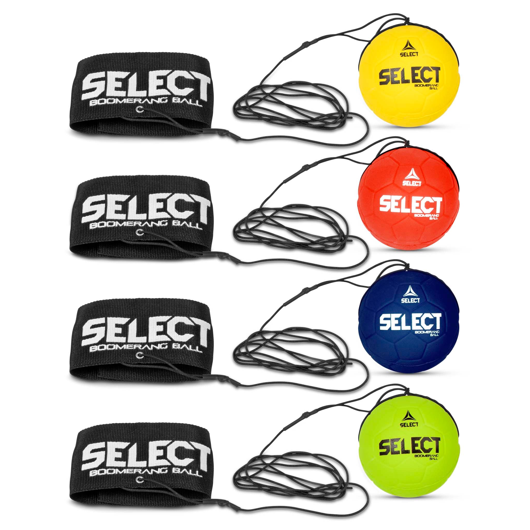 Boomerang Ball Select v23, Övriga bollar, framsida: gula, röda, blå och gröna bollar med elastiska snören och svarta handledsremmar.