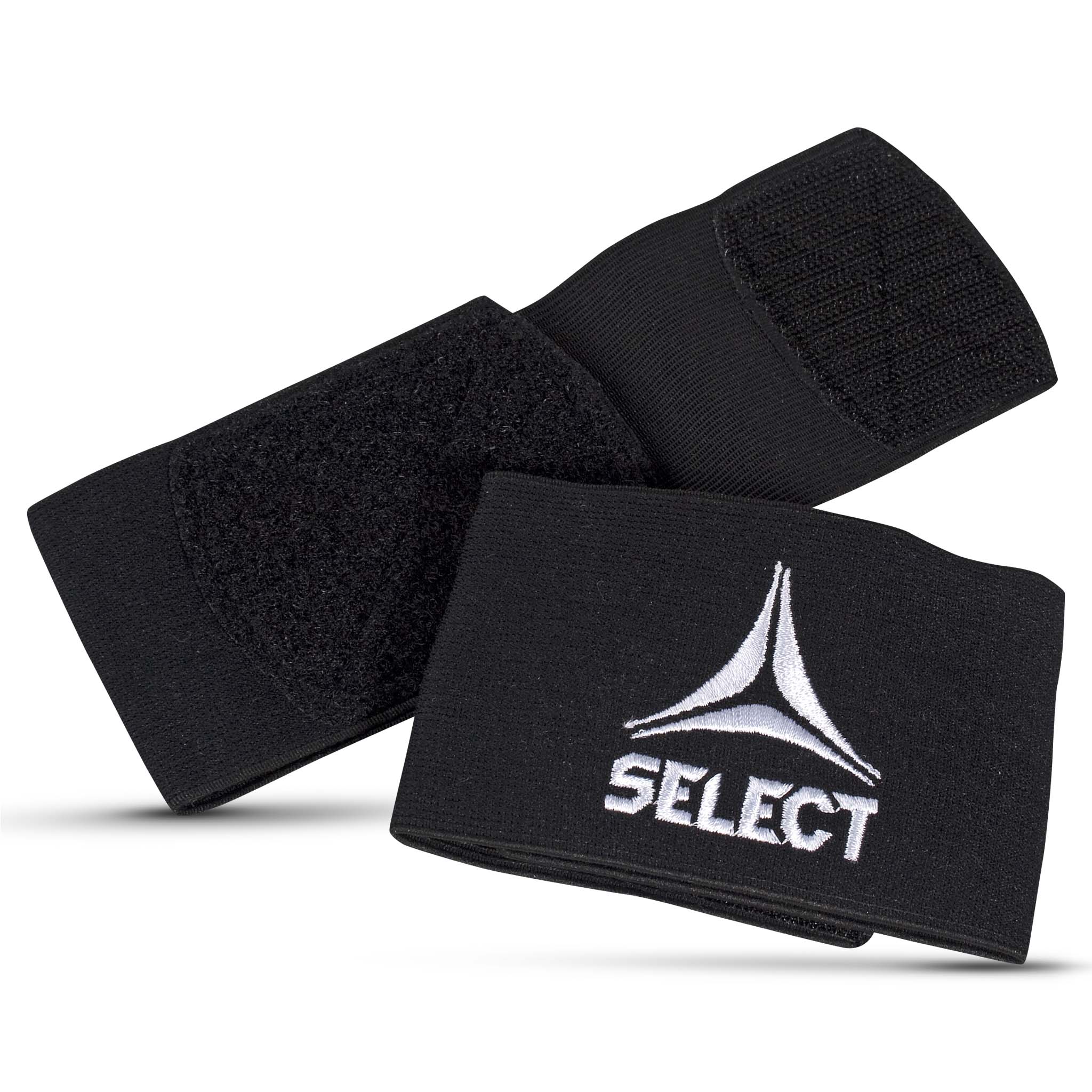 Svart Shinguard holder för fotboll benskydd med vit Select-logga, framsidesvy.