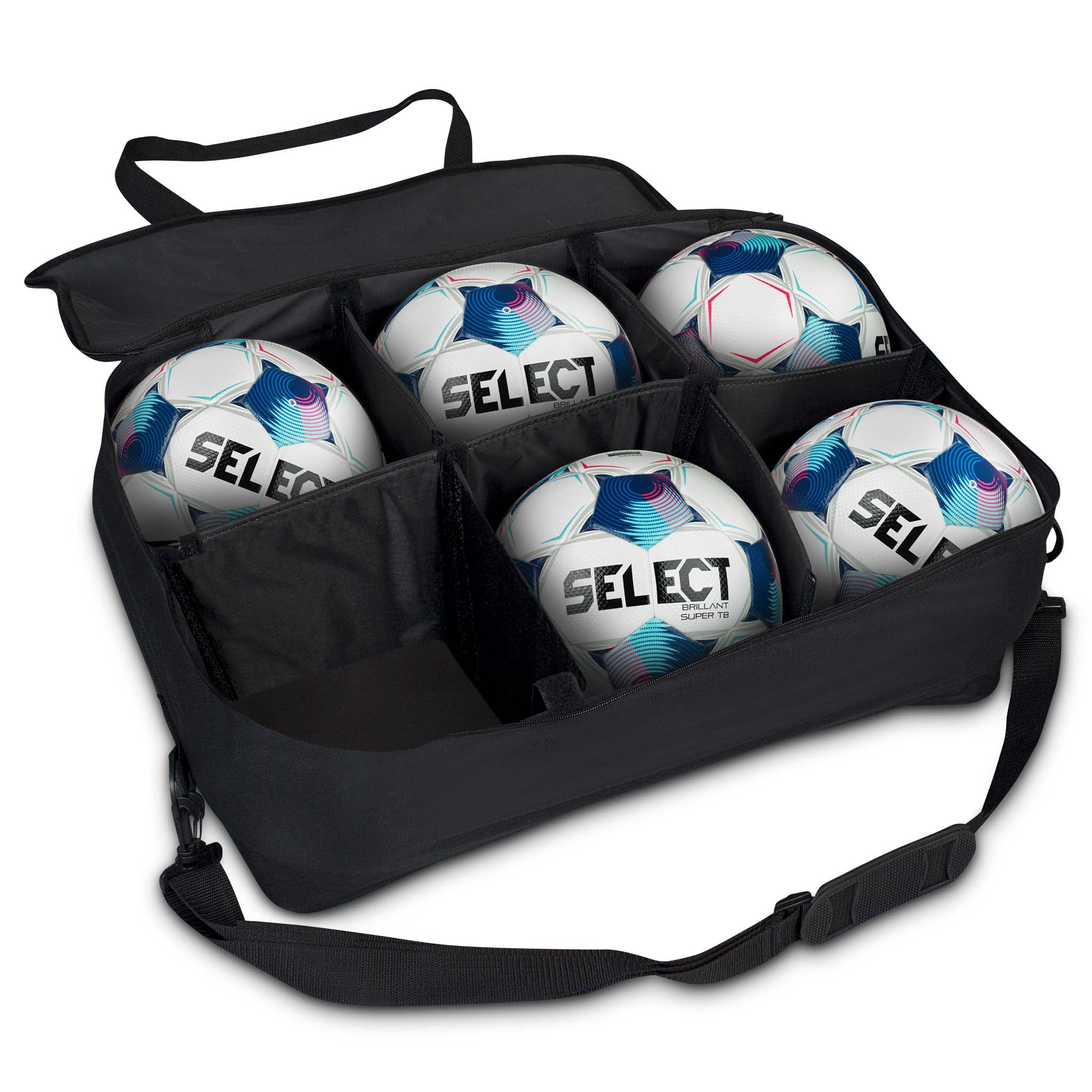 Framsida av svart Match ball bag med 5 fotbollar, bollutrustning