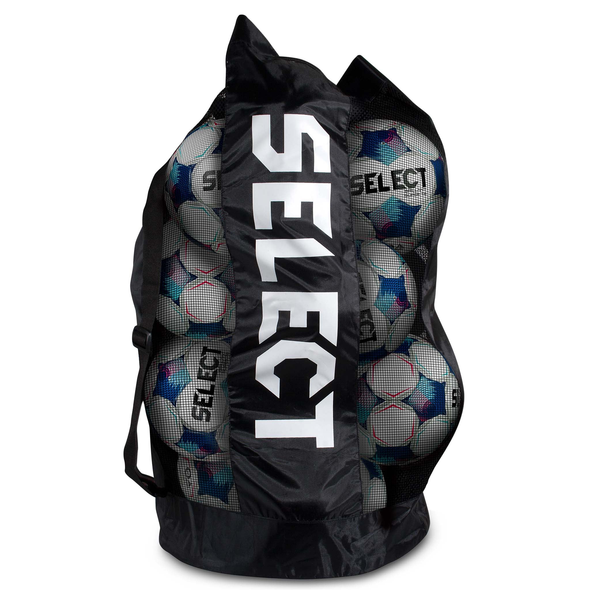 Svart Football bag Select 10-12 balls, bollutrustning, sedd framifrån fylld med vita fotbollar