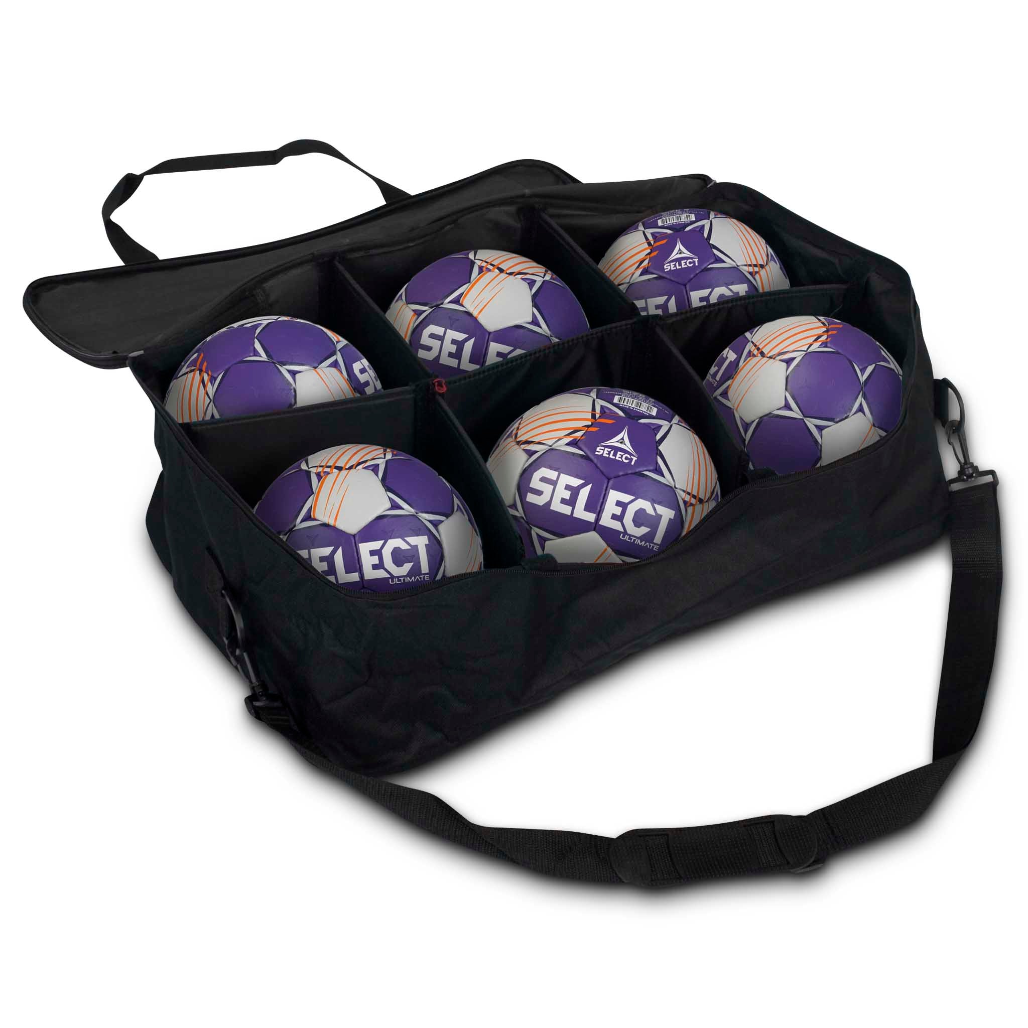 Svart Match ball bag med 6 lila och vita handbollar, framifrån, bollutrustning.