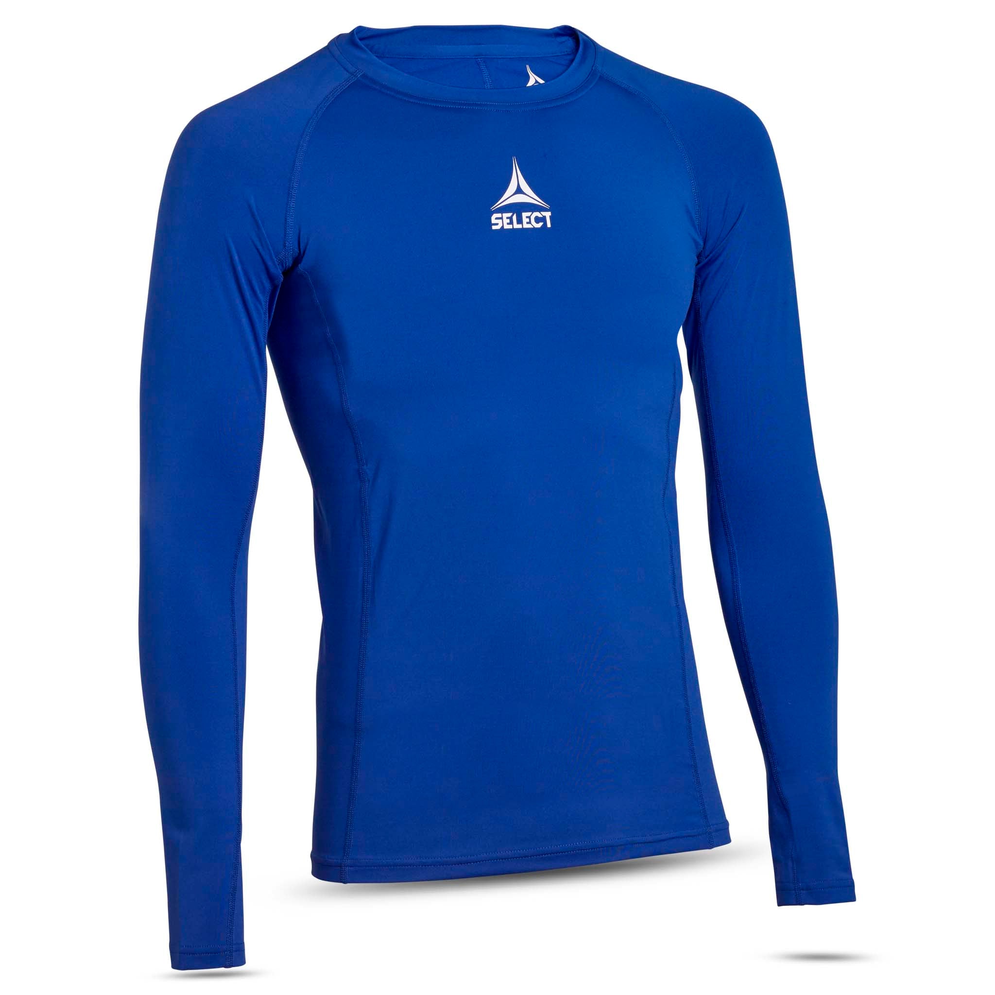 Blå Shirts L/S Baselayer, framsida, långärmad fotboll baselayer med vit logga på bröstet.