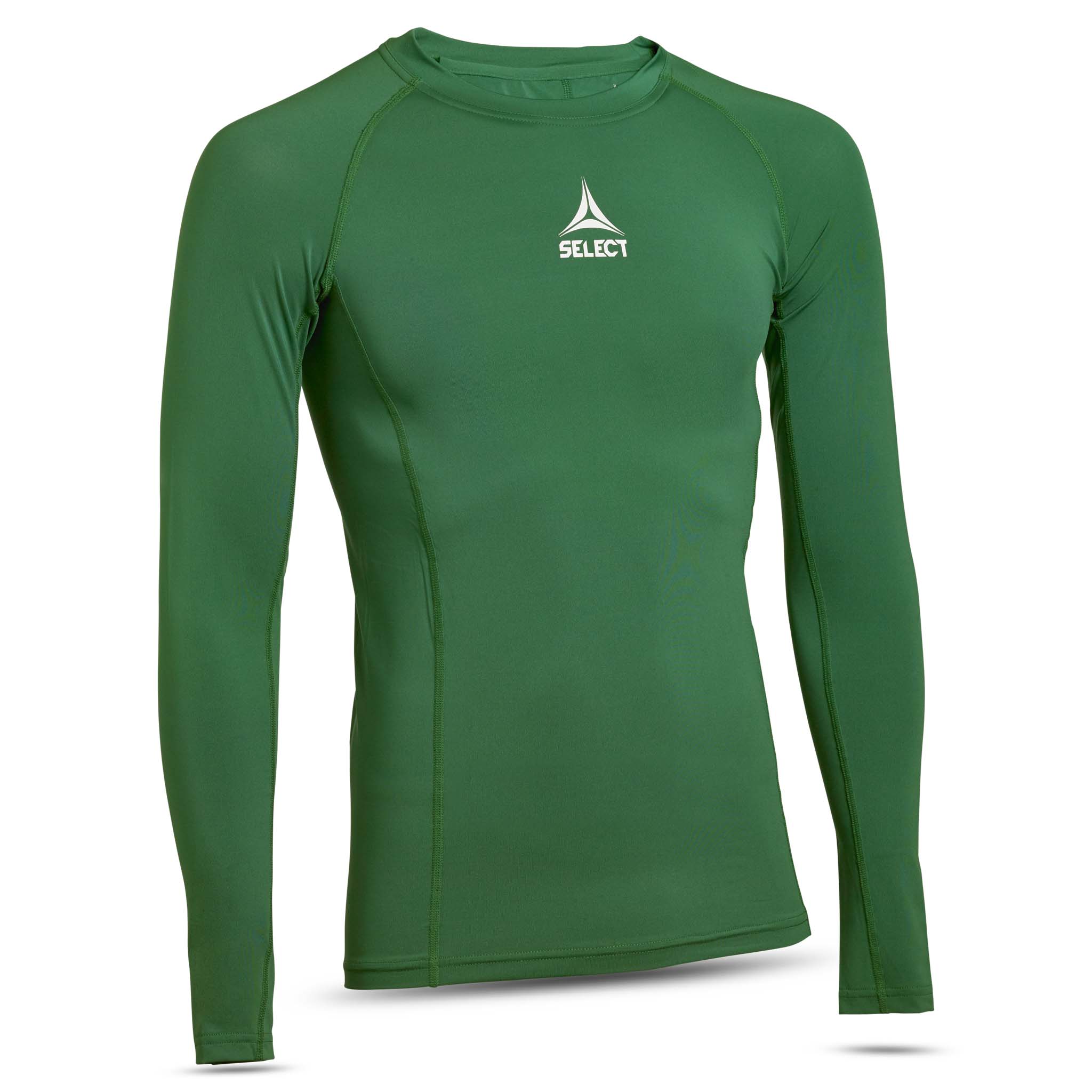 Grön Shirts L/S Baselayer med vit logga, sedd framifrån. Långärmad fotboll Baselayer.