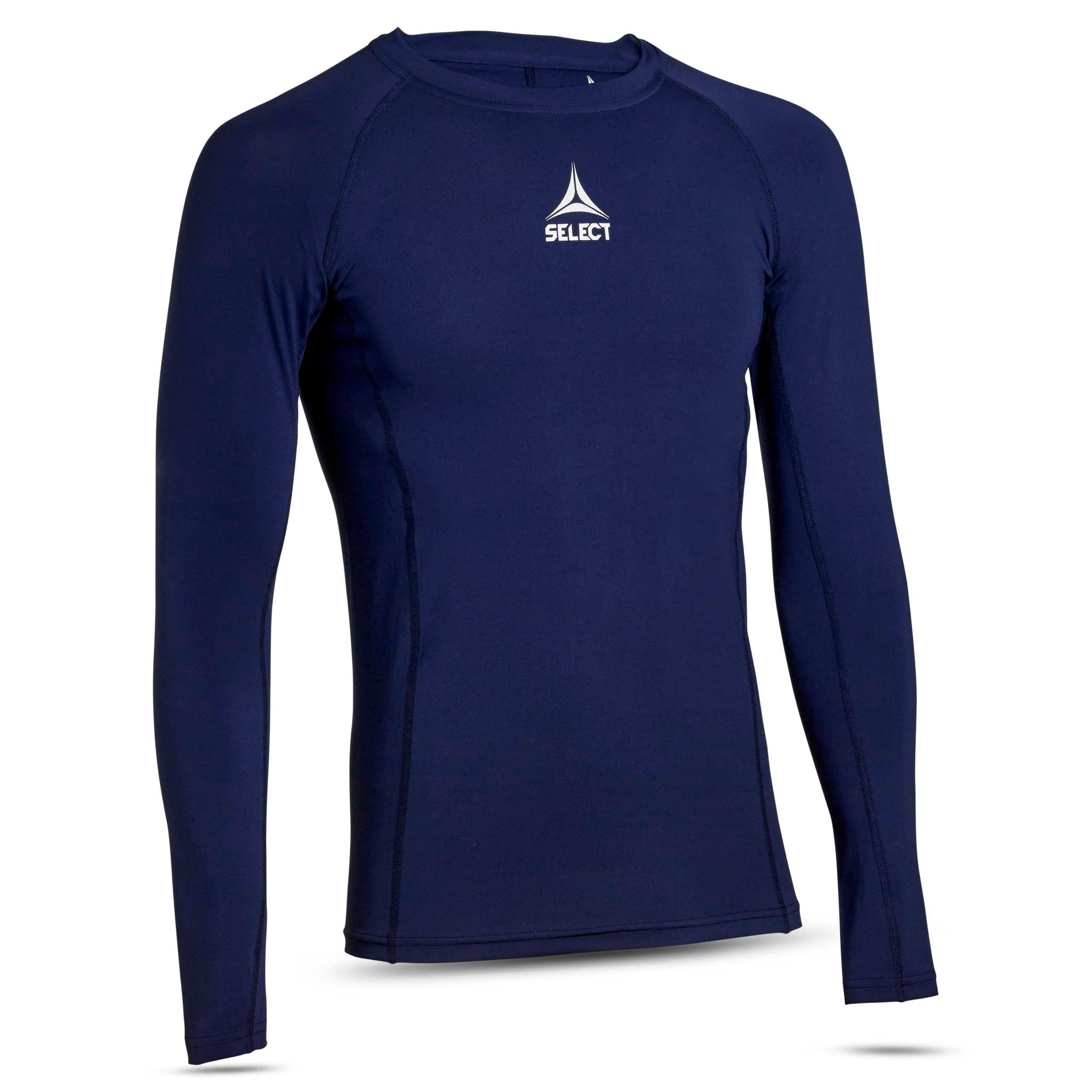 Marinblå Shirts L/S Baselayer, sedd framifrån med vit logga på bröstet.
