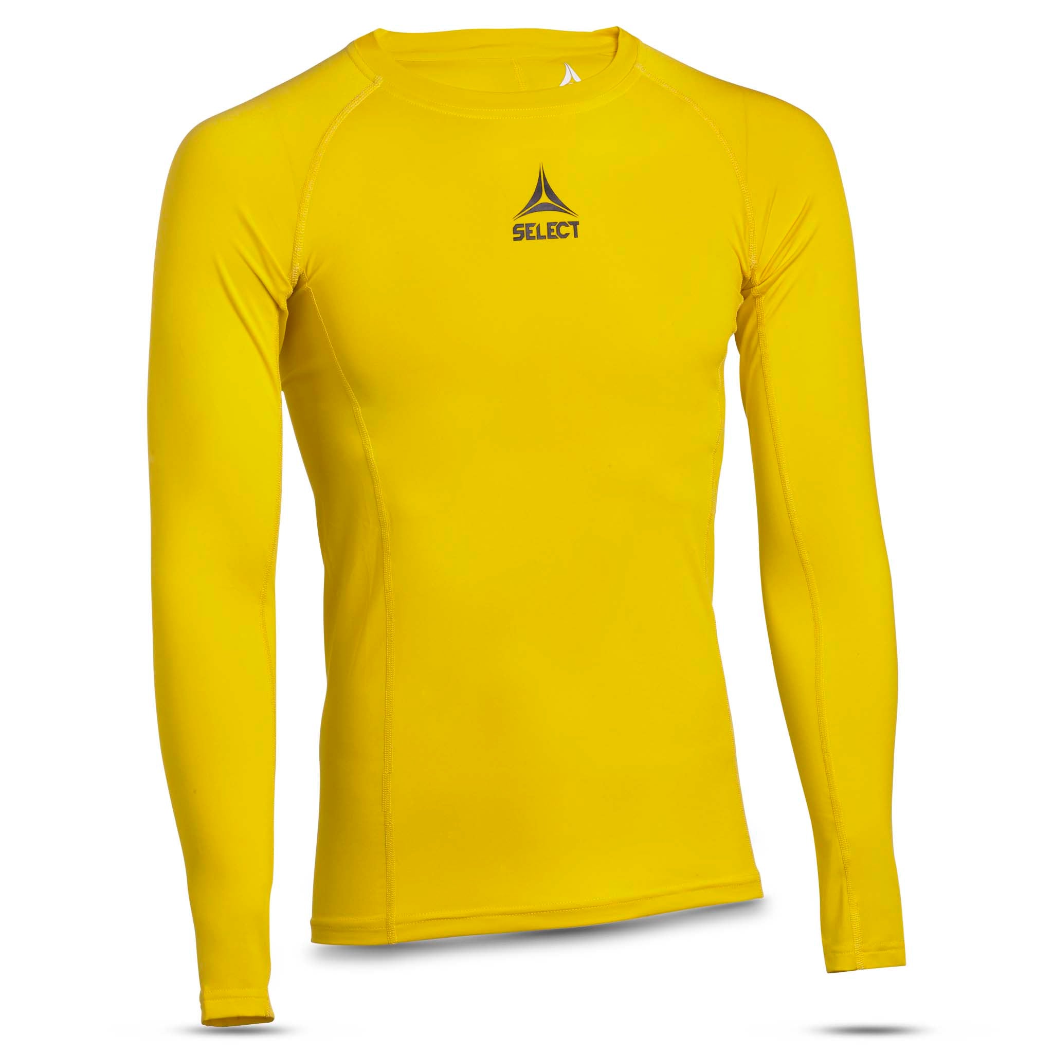 Framsida av gul Shirts L/S Baselayer, en långärmad fotbolls baselayer med svart logga.