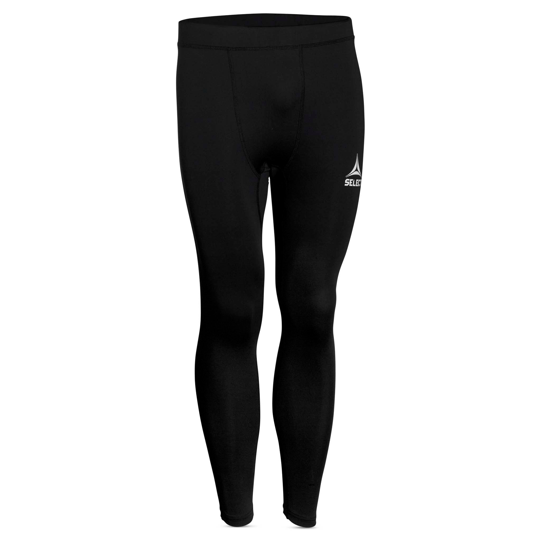 Svarta Tights Pants Baselayer med vit logga, framifrån av kompressions fotboll baselayer byxor.