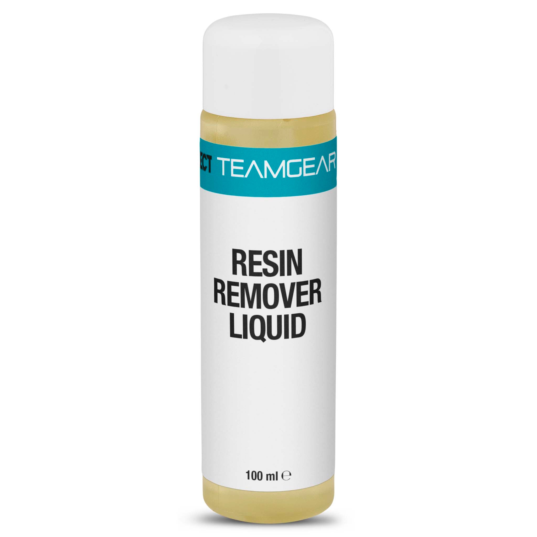 Framsida av Resin remover - liquid flaska, Resin produkter, med vit kork, transparent flaska och turkos Teamgear-etikett.