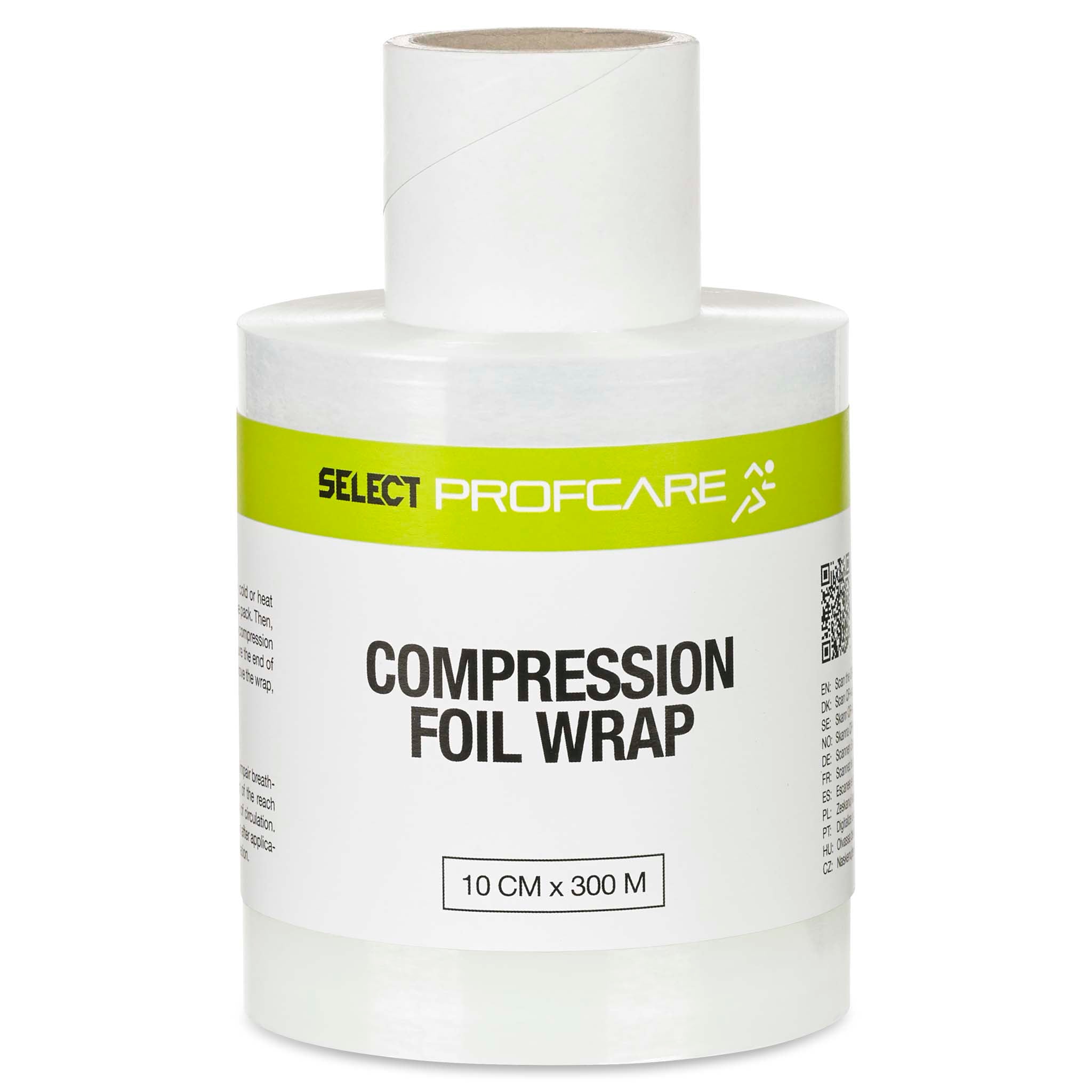 Framsida av vit Compression wrap-rulle med grön etikett, Sports care-produkt.