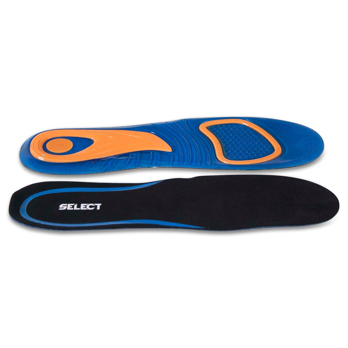 Framsida av Gel Support inläggssulor, sports care, i blått, svart och orange.