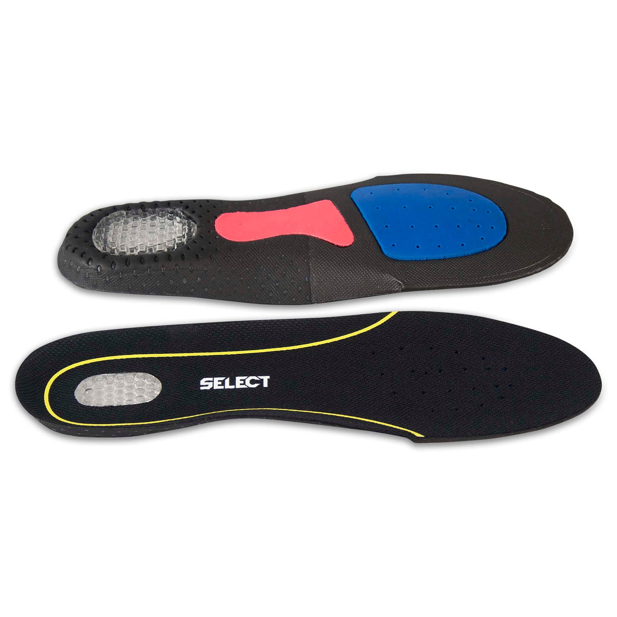 Svarta Replace Sole inläggssulor, fram och bak, med röda, blå, gula och grå stödzoner. Sports care.