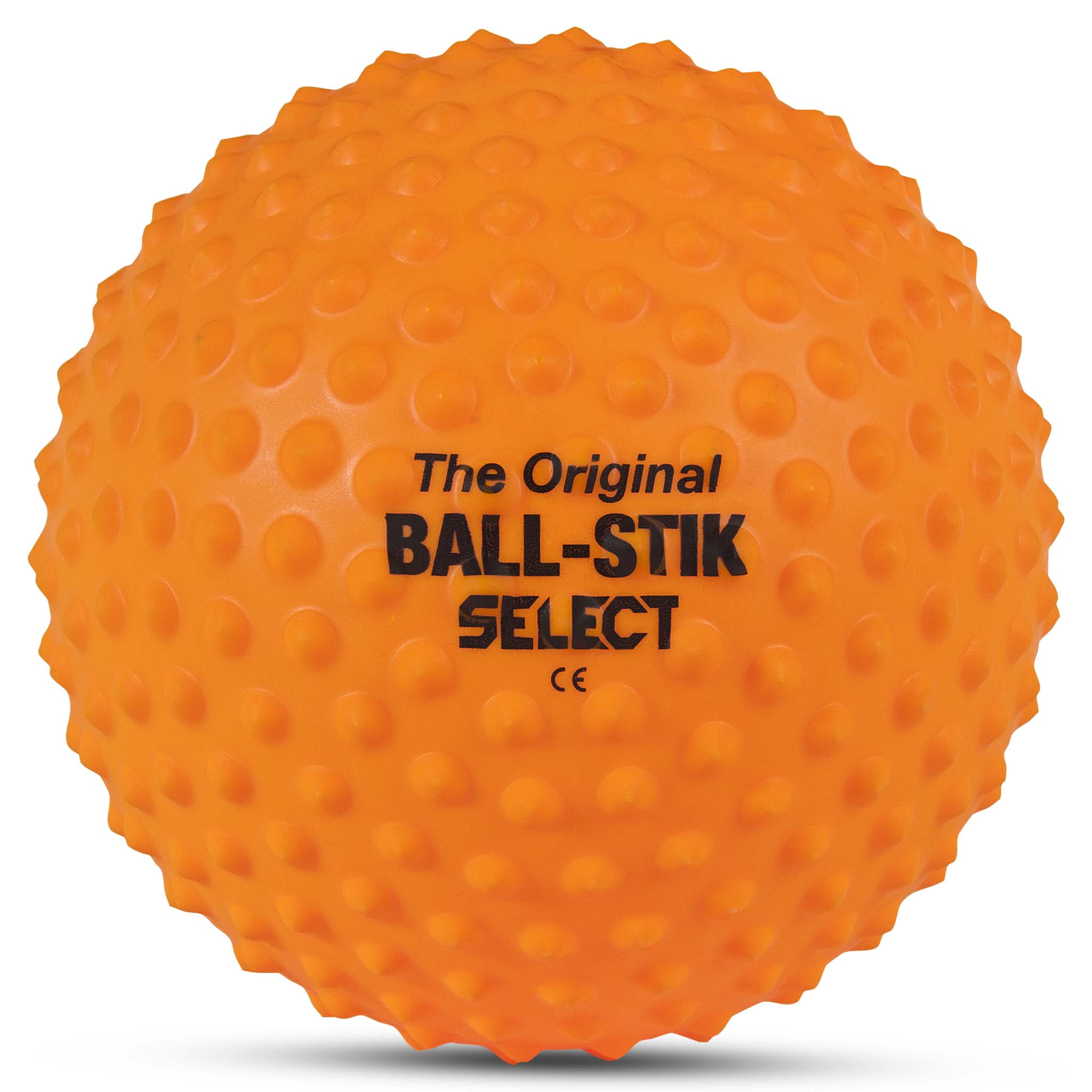 Framsida av orange Ball-Stik, en Övriga bollar fotboll med knottrig ytstruktur och svart logotyp.