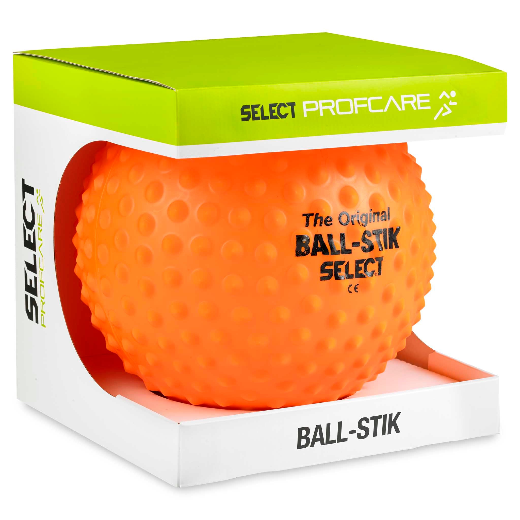 Framsida av orange Select Ball-Stik massageboll med strukturerad yta i vit och grön Andra bollar förpackning.