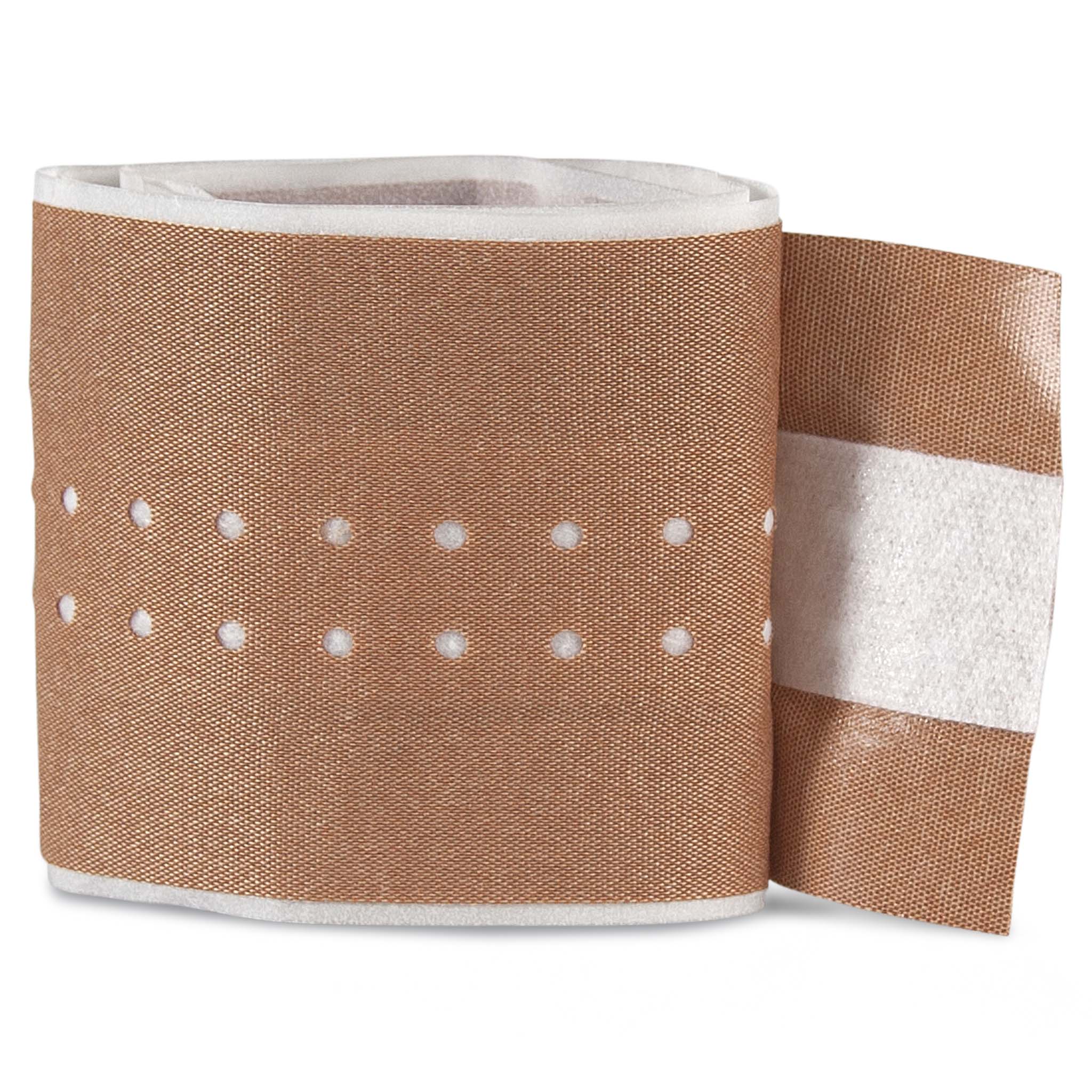 Beige Plaster-rulle, sportvård, sedd framifrån med perforerade hål och vit häftsida.