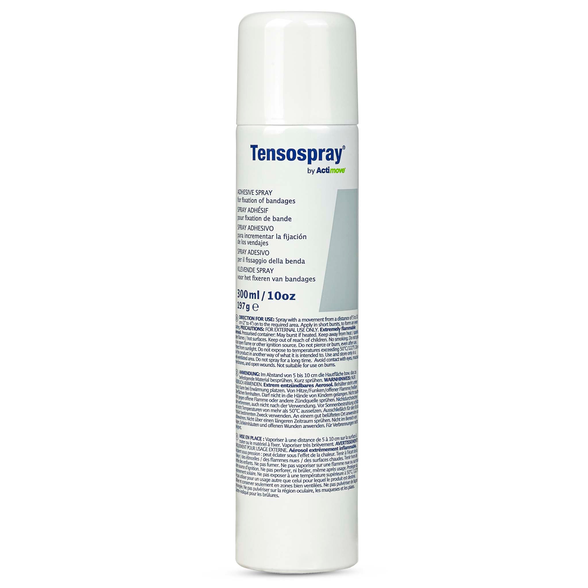 Framsida av Tensospray sports care häftspray, vit sprayburk med blå text.