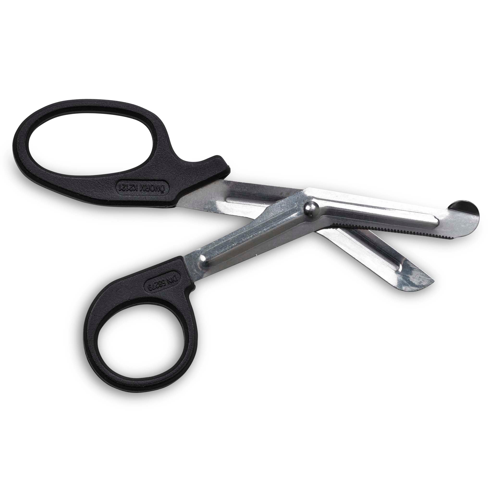 Framsida av Scissor, sports care, med svarta handtag och silverfärgade blad i rostfritt stål.