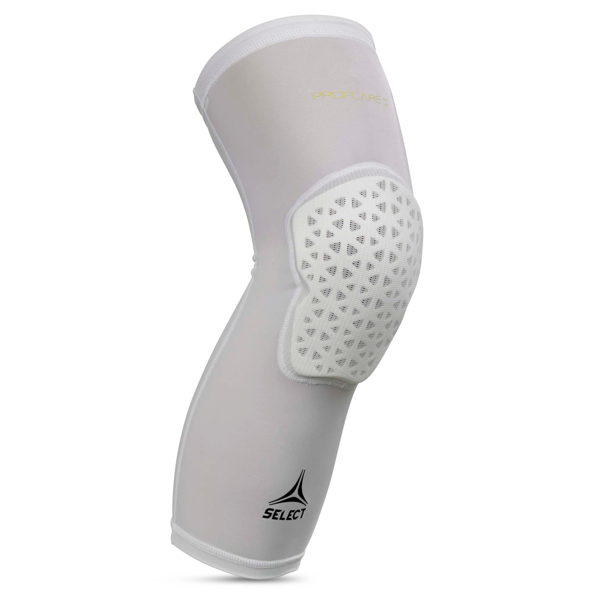 Hvid Compression knee support long 6253, sportsstøtte, set forfra med polstret knæbeskyttelse.