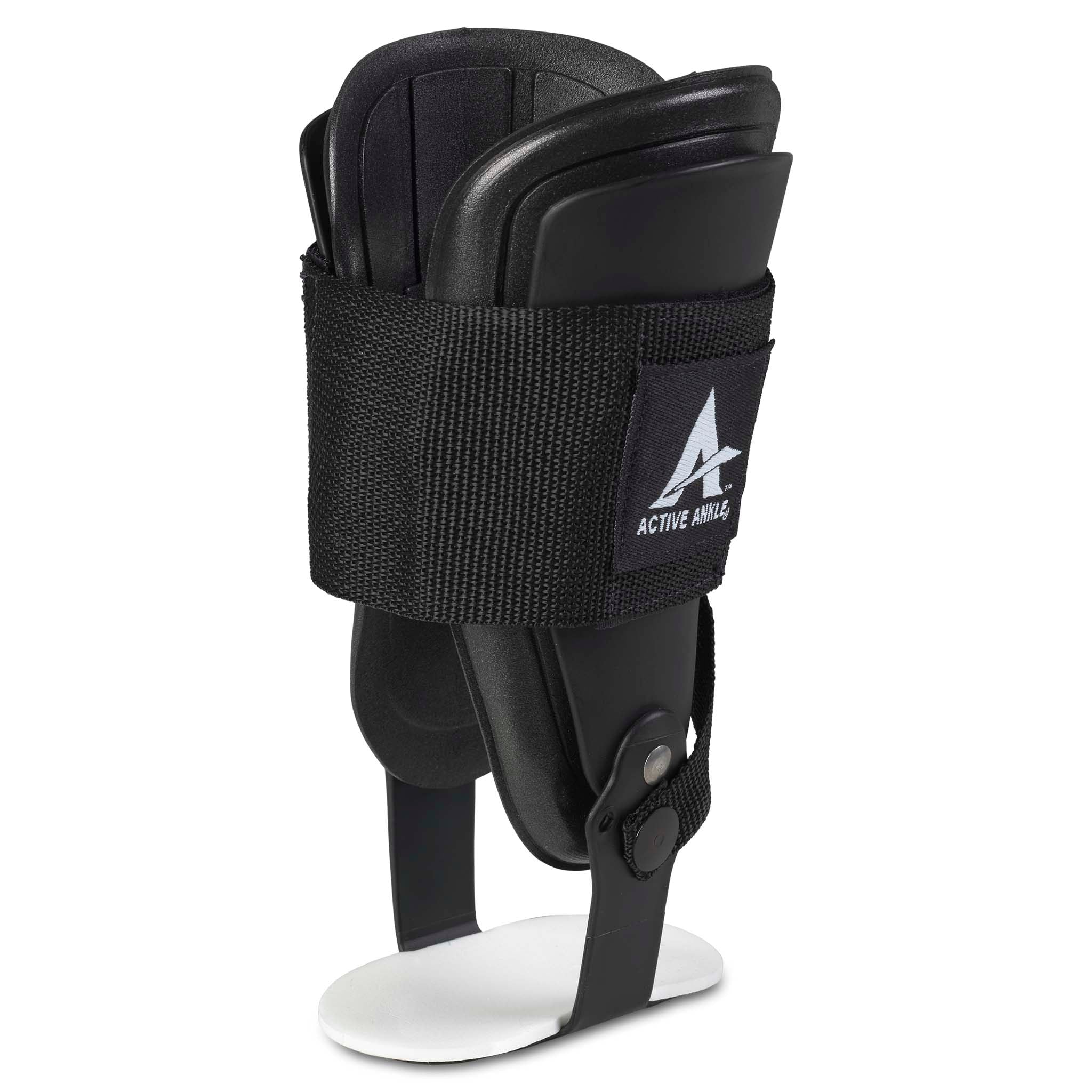 Active Ankle T-2 sort sportsstøtte, forsidevisning med stive sidestabilisatorer og justerbar rem.