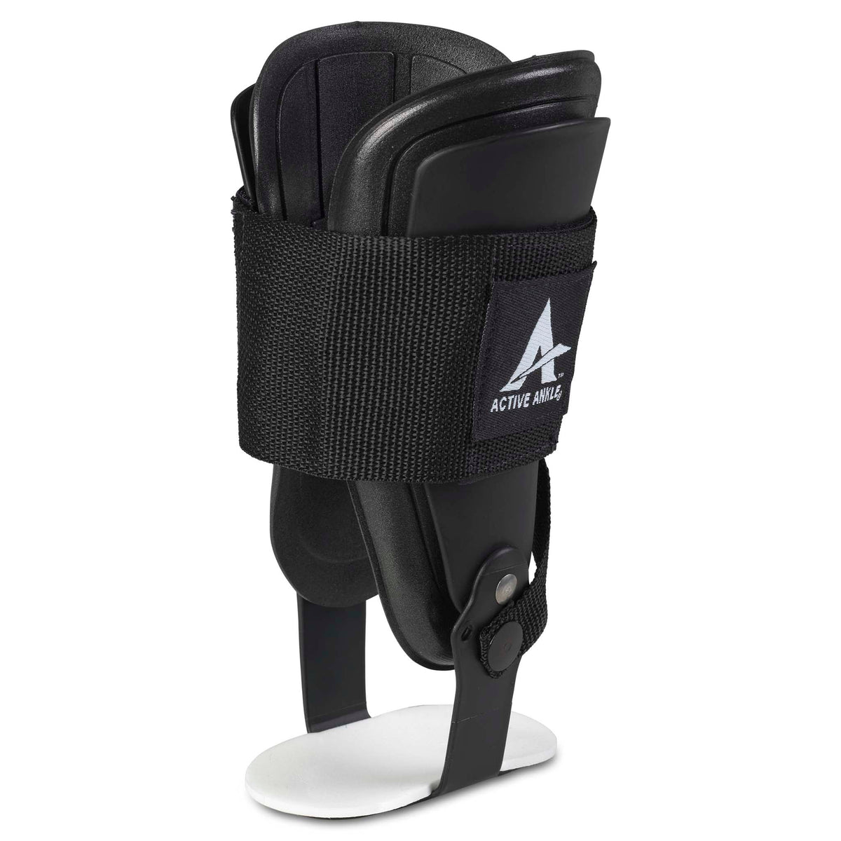 Active Ankle T-2 sort sportsstøtte, forsidevisning med stive sidestabilisatorer og justerbar rem.