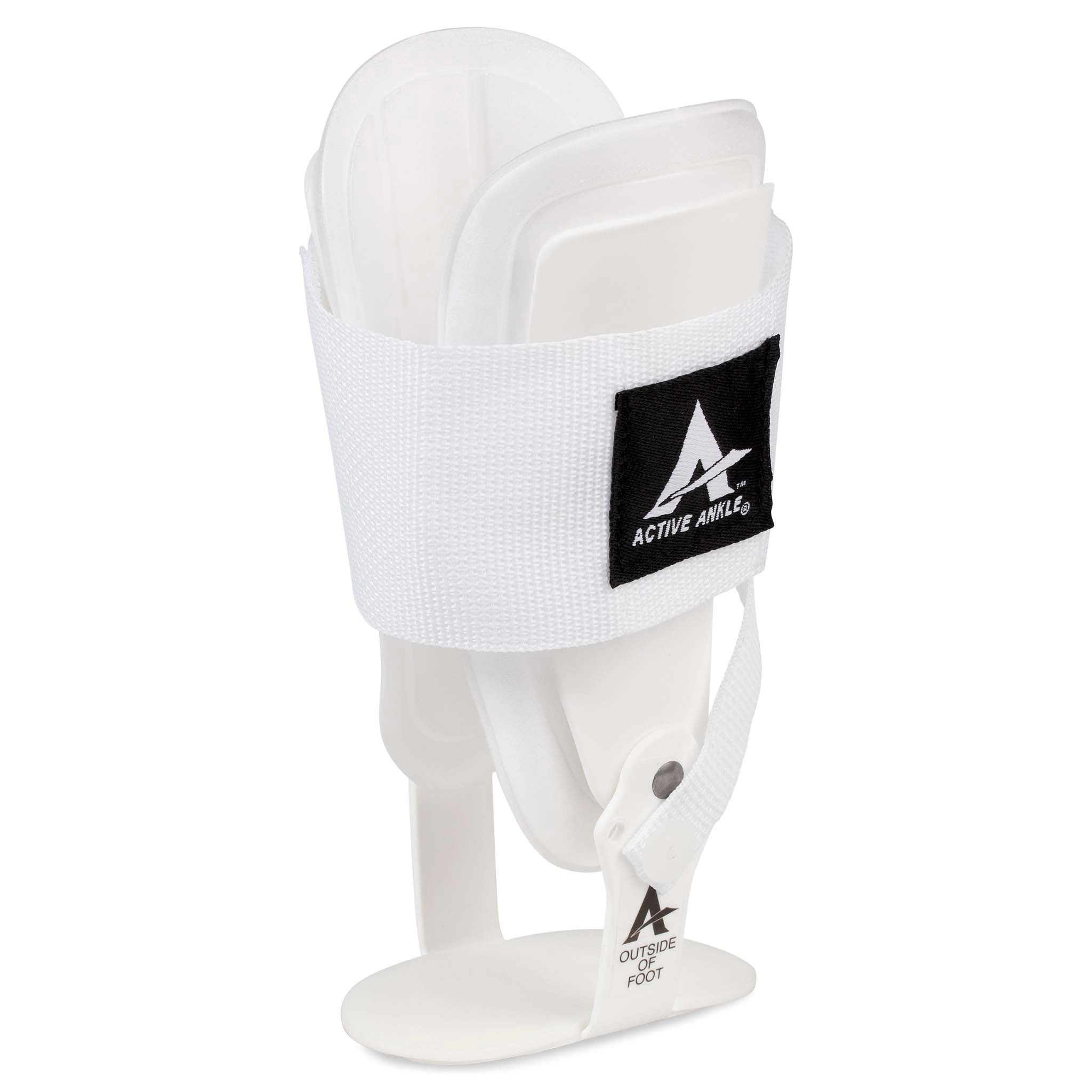 Hvid Active Ankle T-2 sportsstøtte med hængslede sidestøtter og rem, set forfra