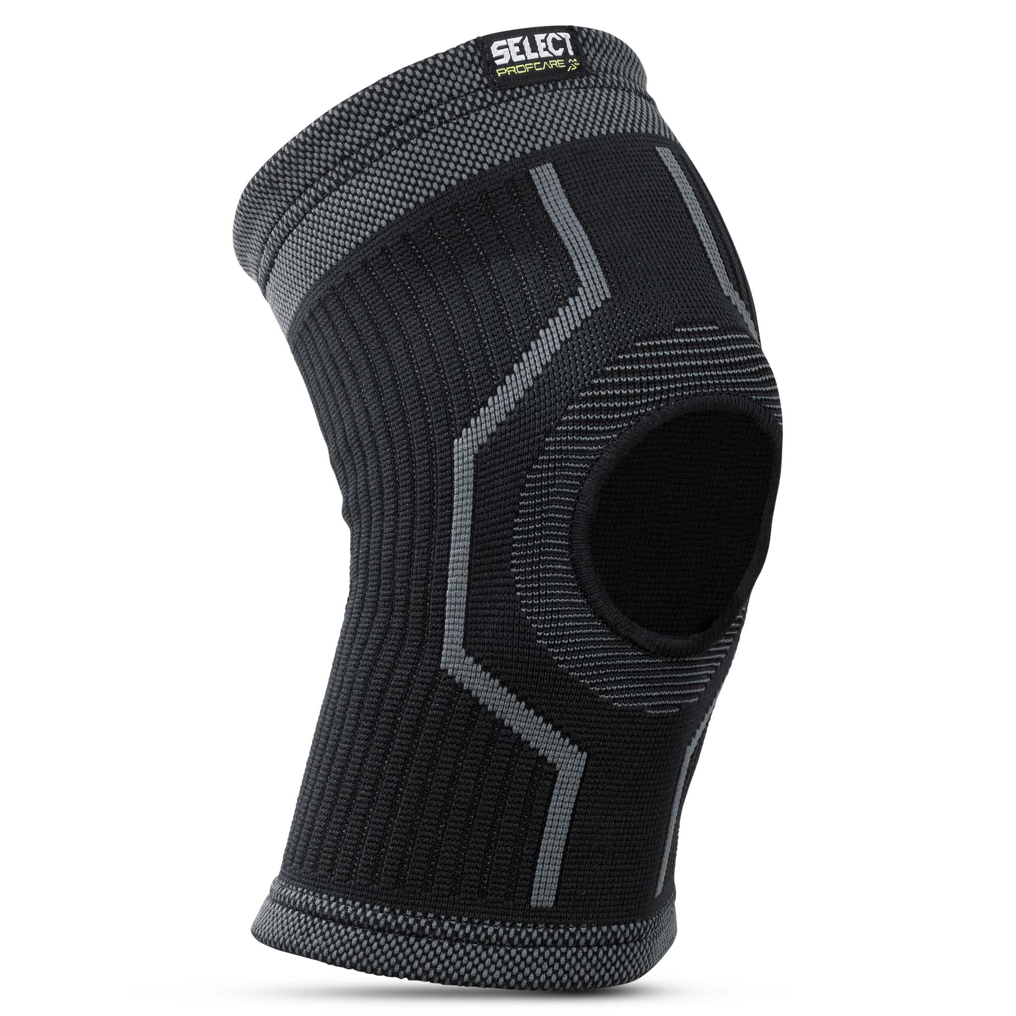 Forfra af sort og grå Knæbandage m/hul, en sportsbandage med åbent knæskaldesign.