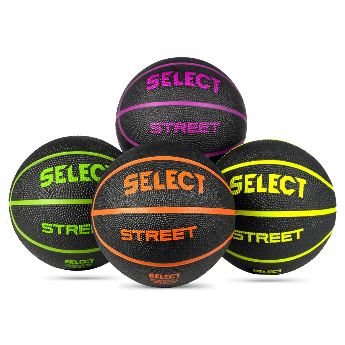 Framsida av Basketball mini, Övriga bollar, fyra svarta bollar med lila, grönt, orange och gult.