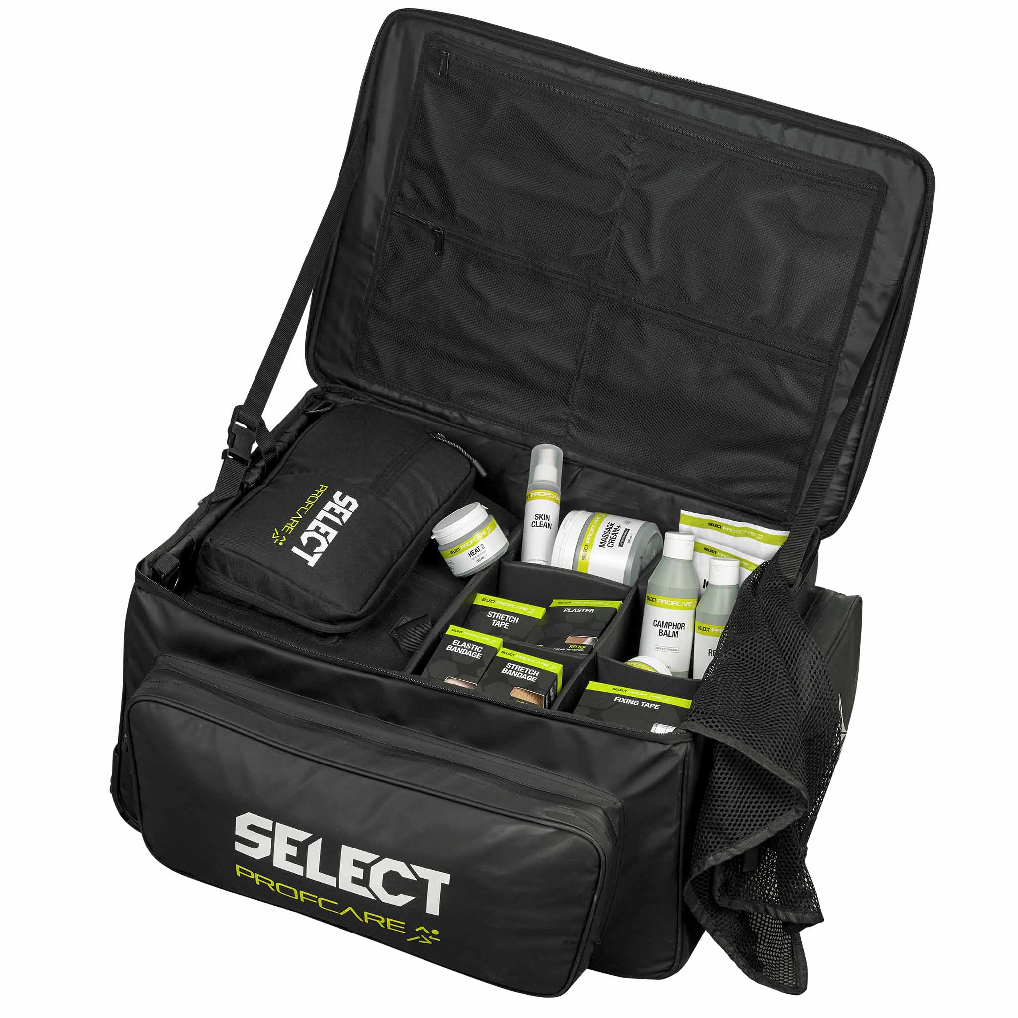 Närbild av svart Medicalbag trolley v25 Sports care, öppen med fotbolls medicinskt material inuti.