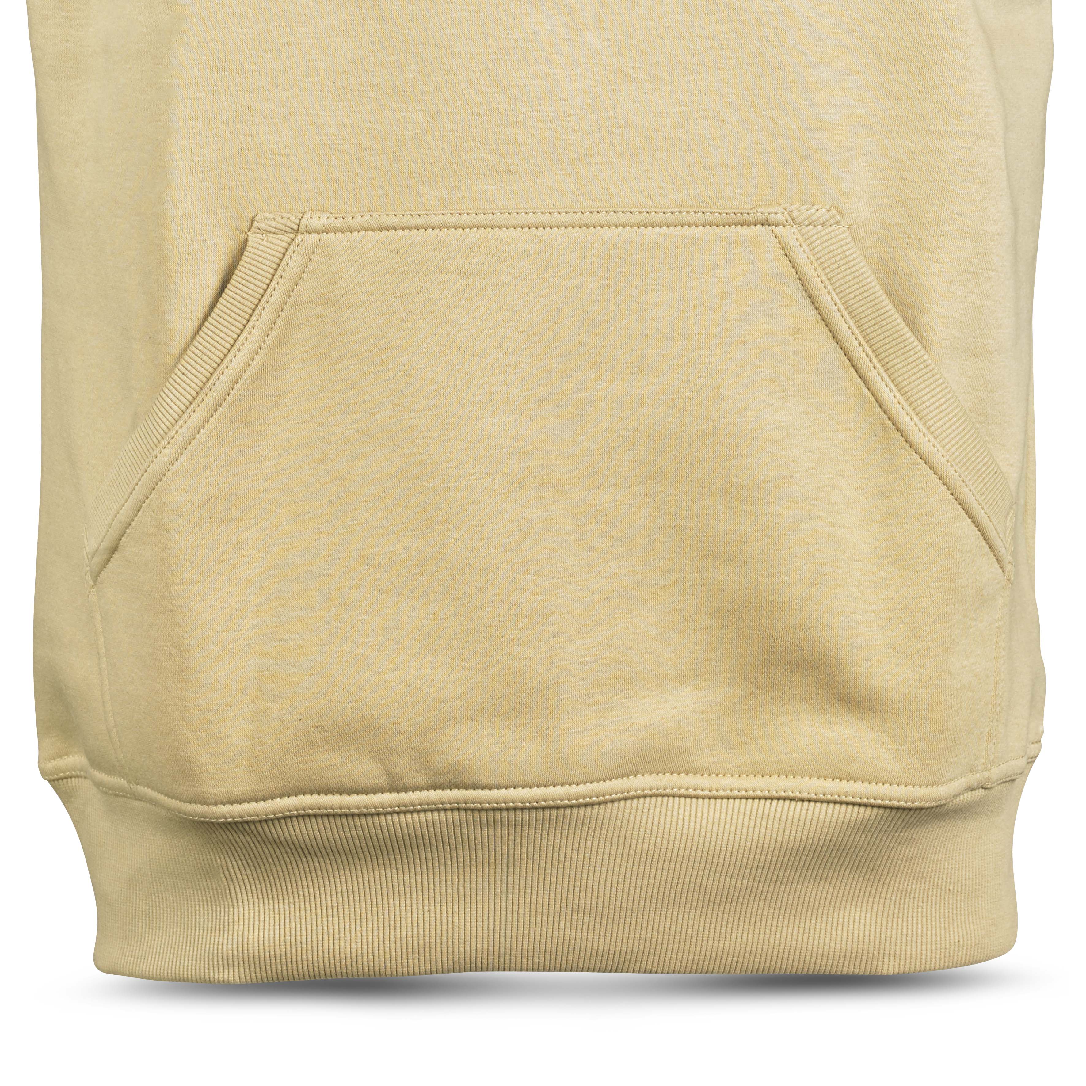 Närbild av beige Hoodie Basic Select v24 fritidskläder med känguruficka och ribbad kant.