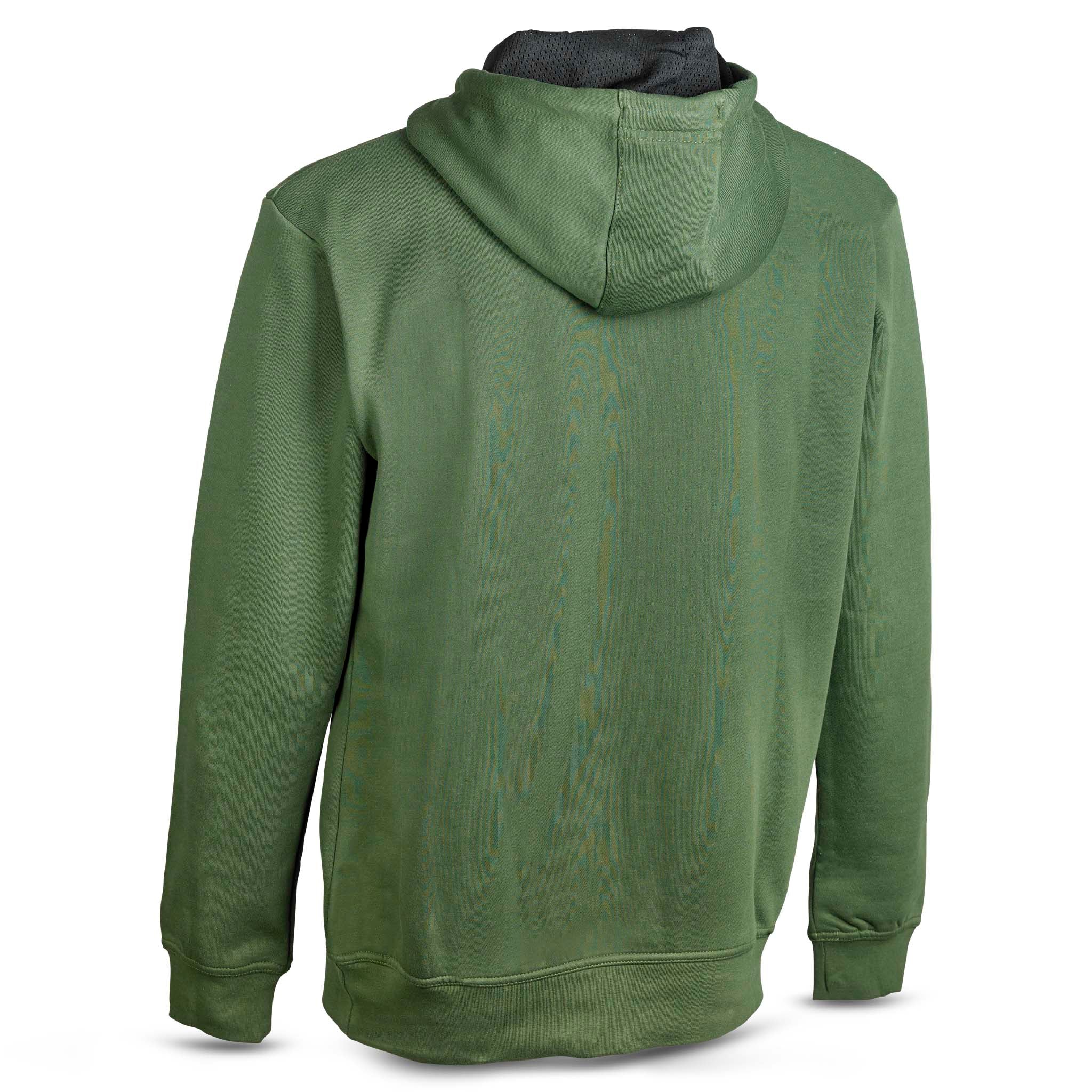 Grön Hoodie Basic Select v24 fritidskläder, sedd bakifrån med mörkt huvfoder.