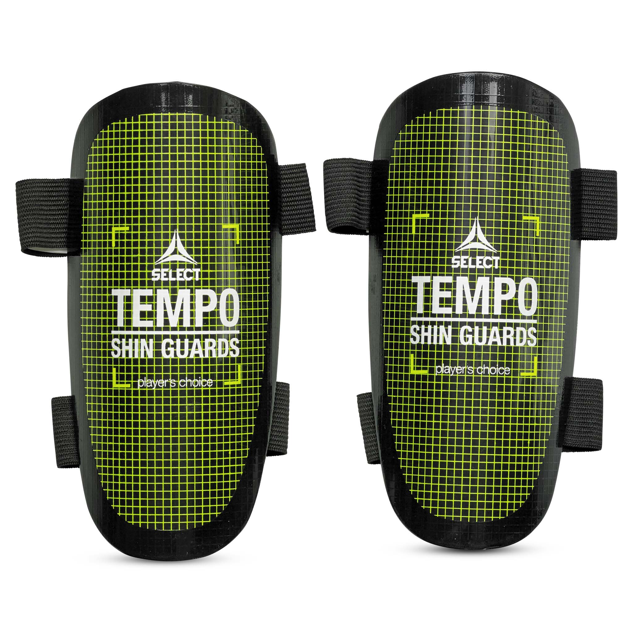 Framifrån av svart och grön Shin Guard Tempo v25 fotboll benskydd med remmar