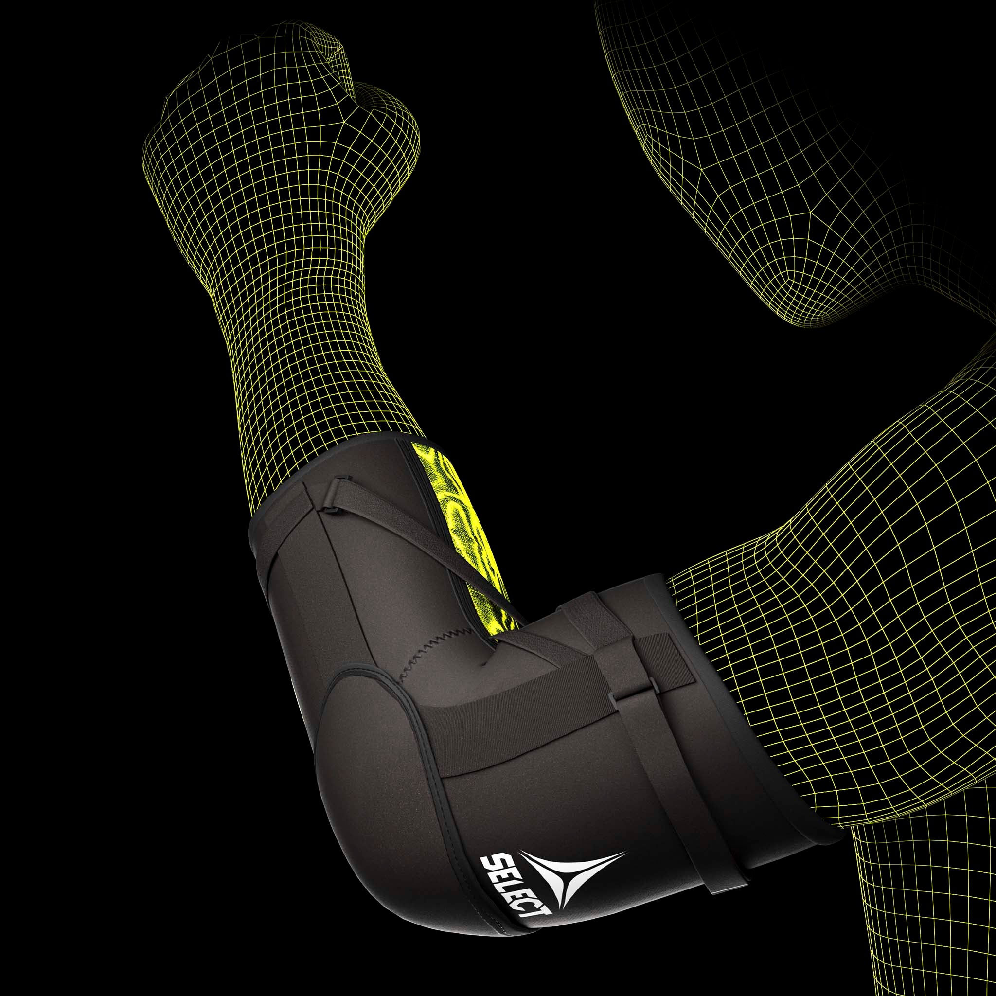 Svart och grön Elbow Support Splint sportstöd buret på en modells arm
