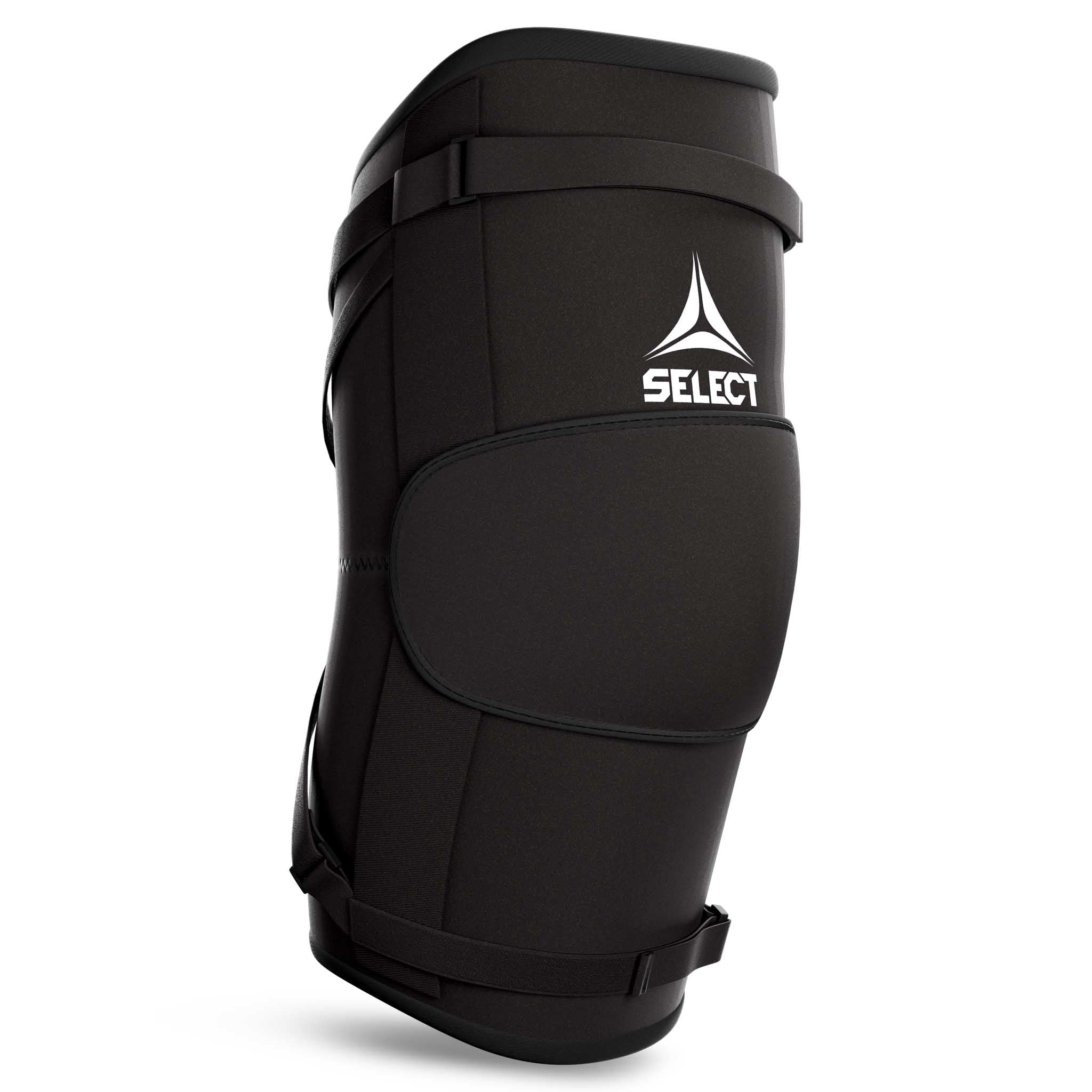 Svart Elbow Support Splint, sportstöd, framsida med vit logotyp och justerbara remmar.