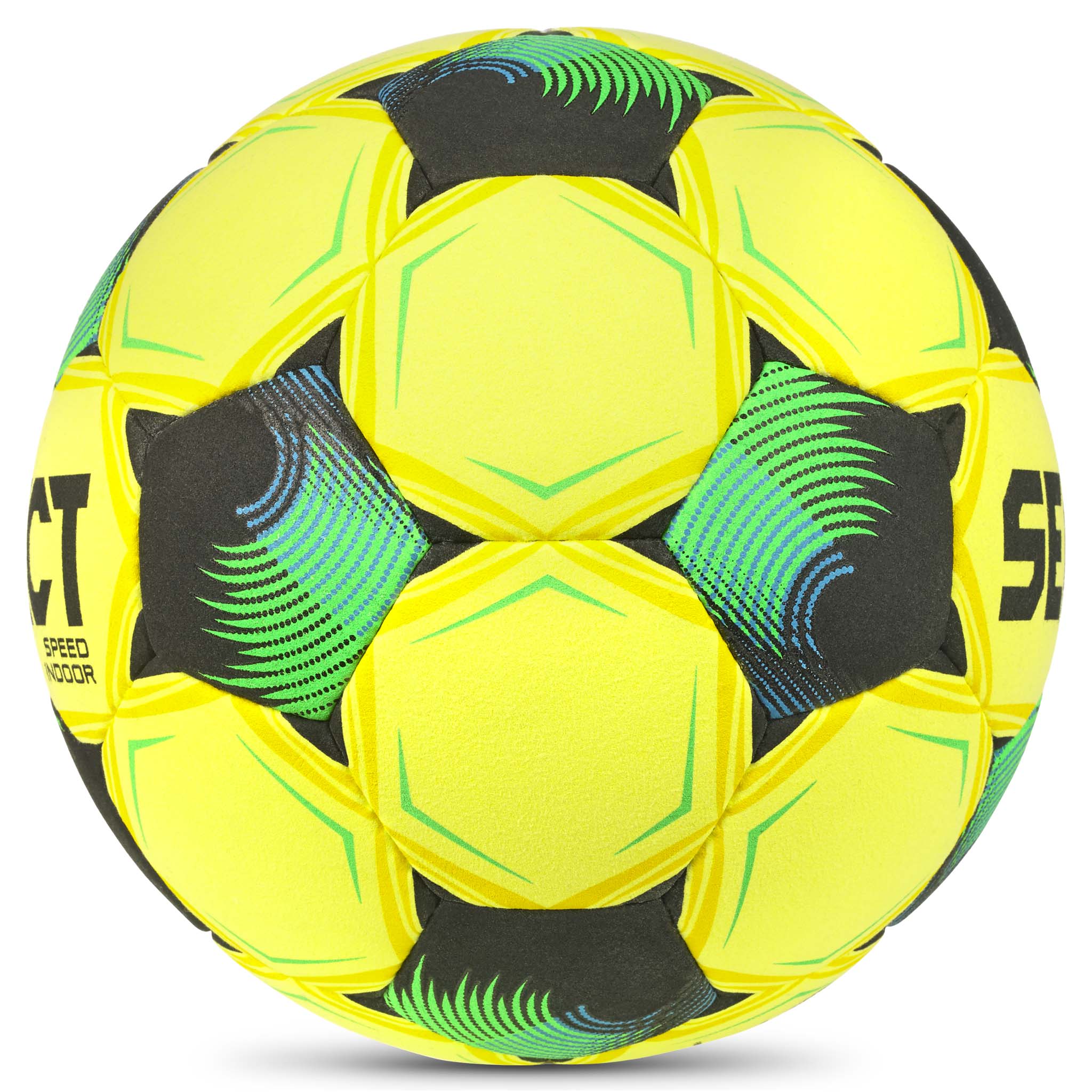 Speed Indoor v26 fotboll, gul med svarta, gröna och blå detaljer, sedd från höger sida