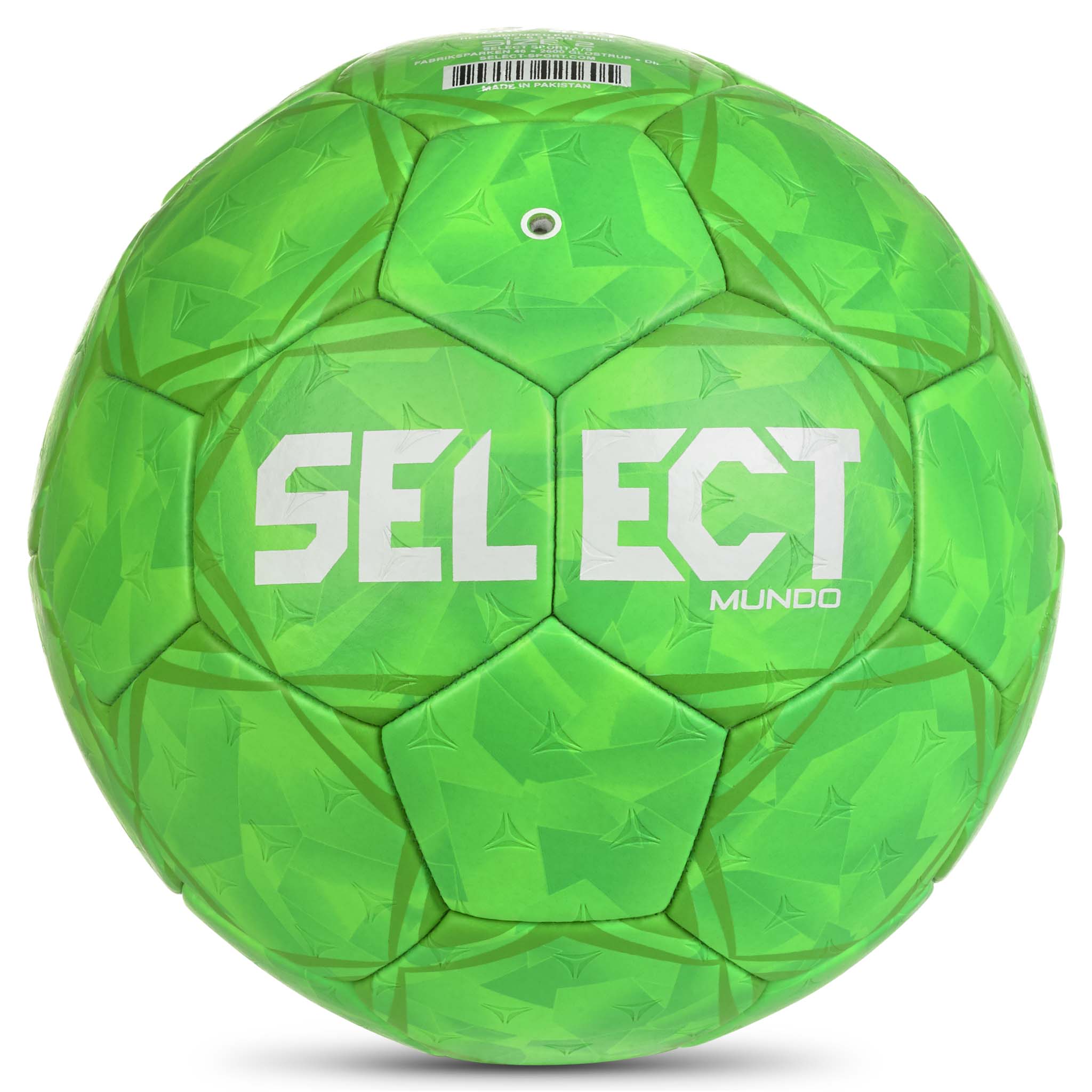 Grön Mundo v26 handboll, baksida, med vit Select-logotyp och strukturerad paneldesign.