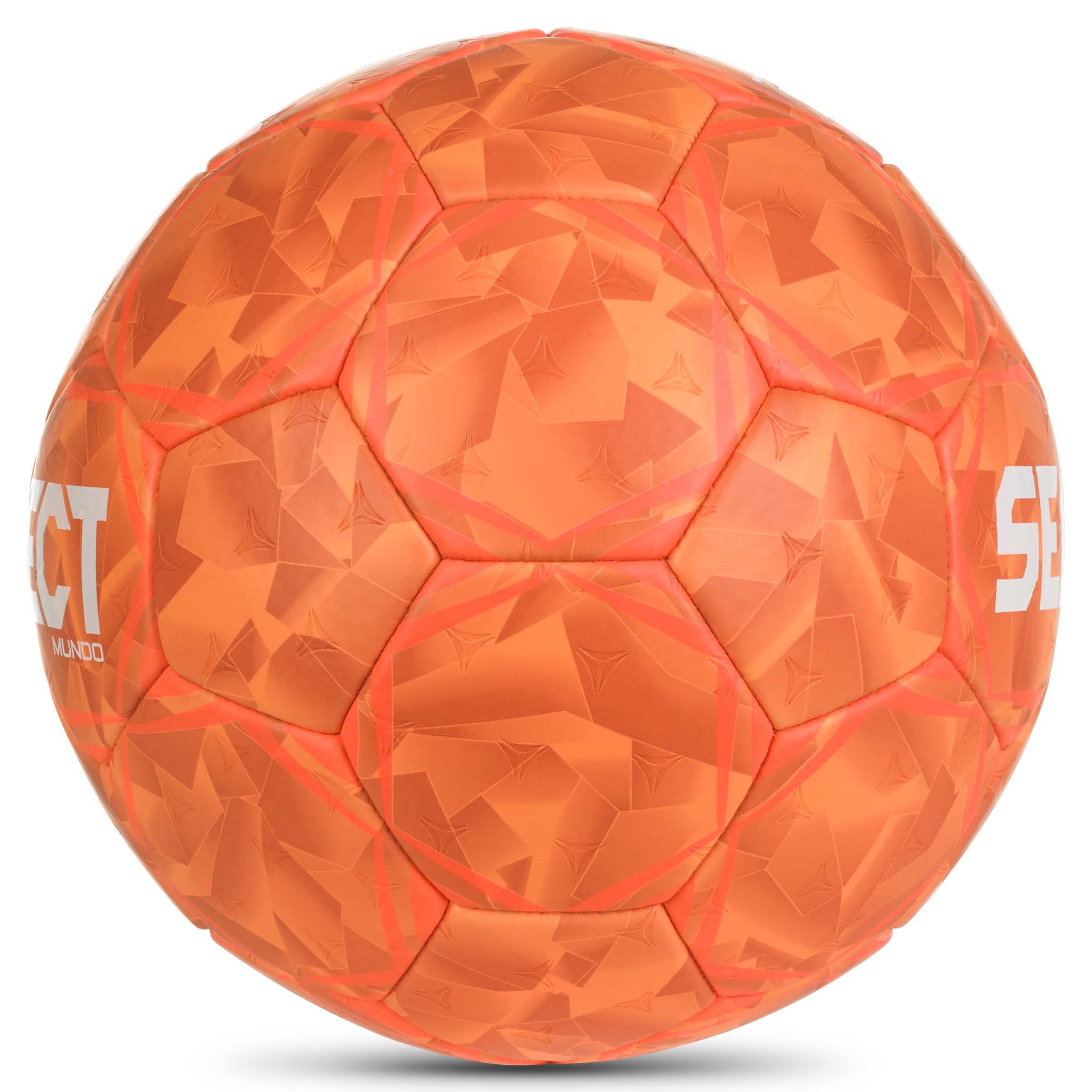 Orange Mundo v26 handboll med geometriskt mönster, sedd från höger sida.