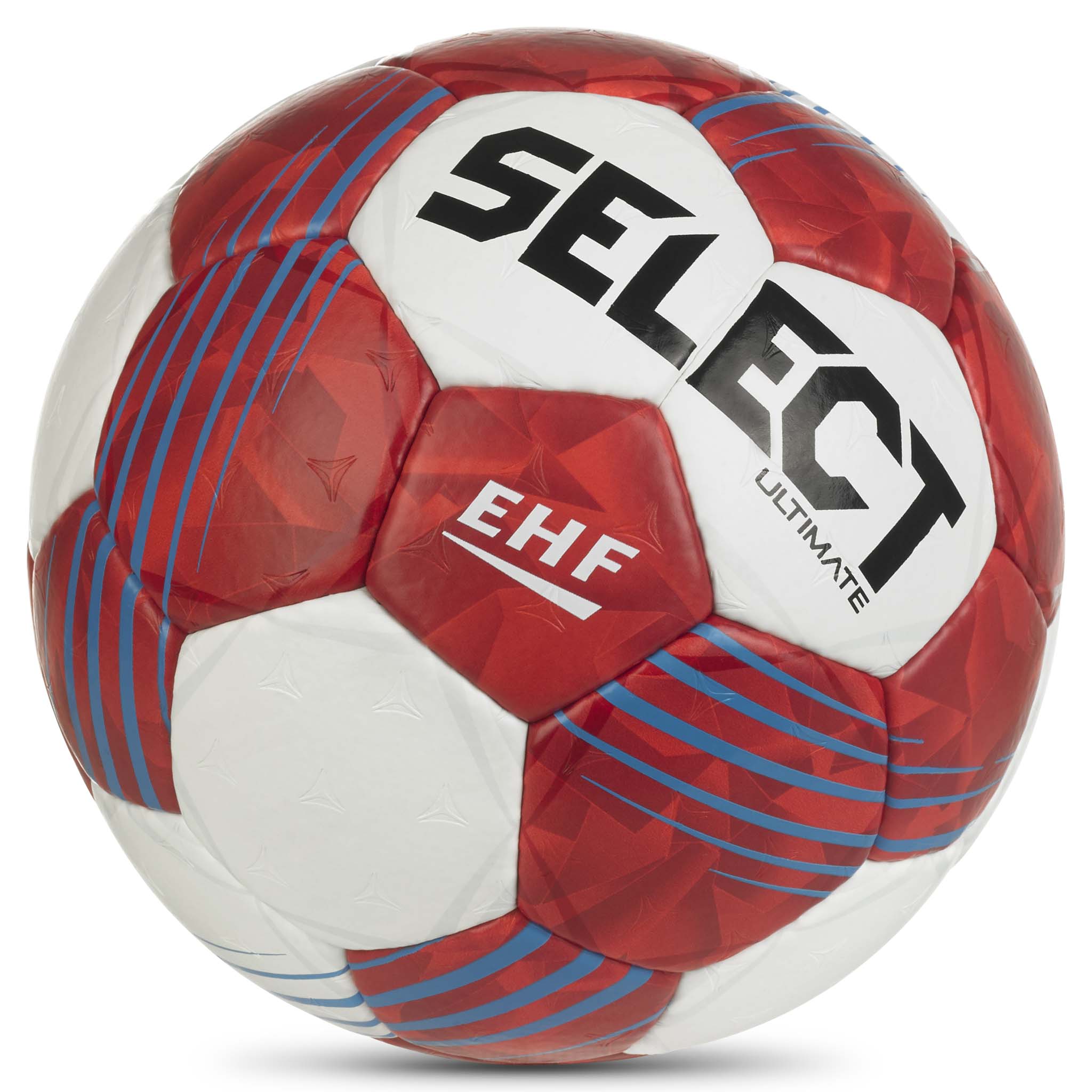 Röd och vit Ultimate v26 handboll med blå detaljer, EHF-märkning, närbild framifrån.