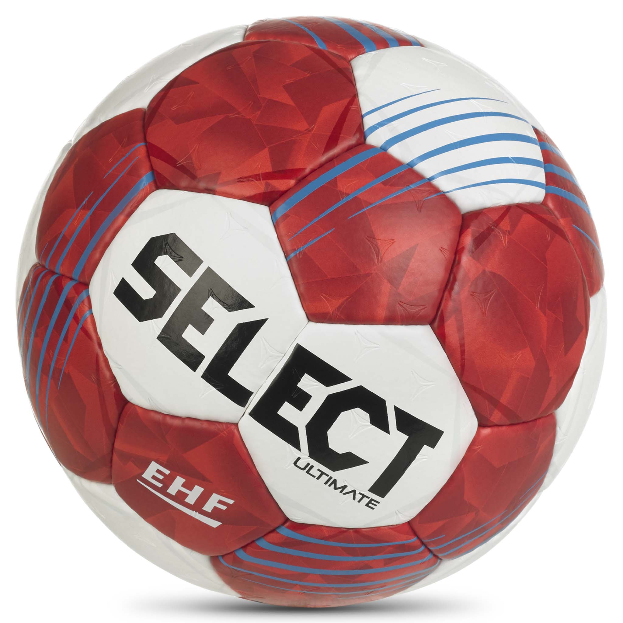 Närbild på röd, vit och blå Ultimate v26 handboll med Select-logga och EHF-märke