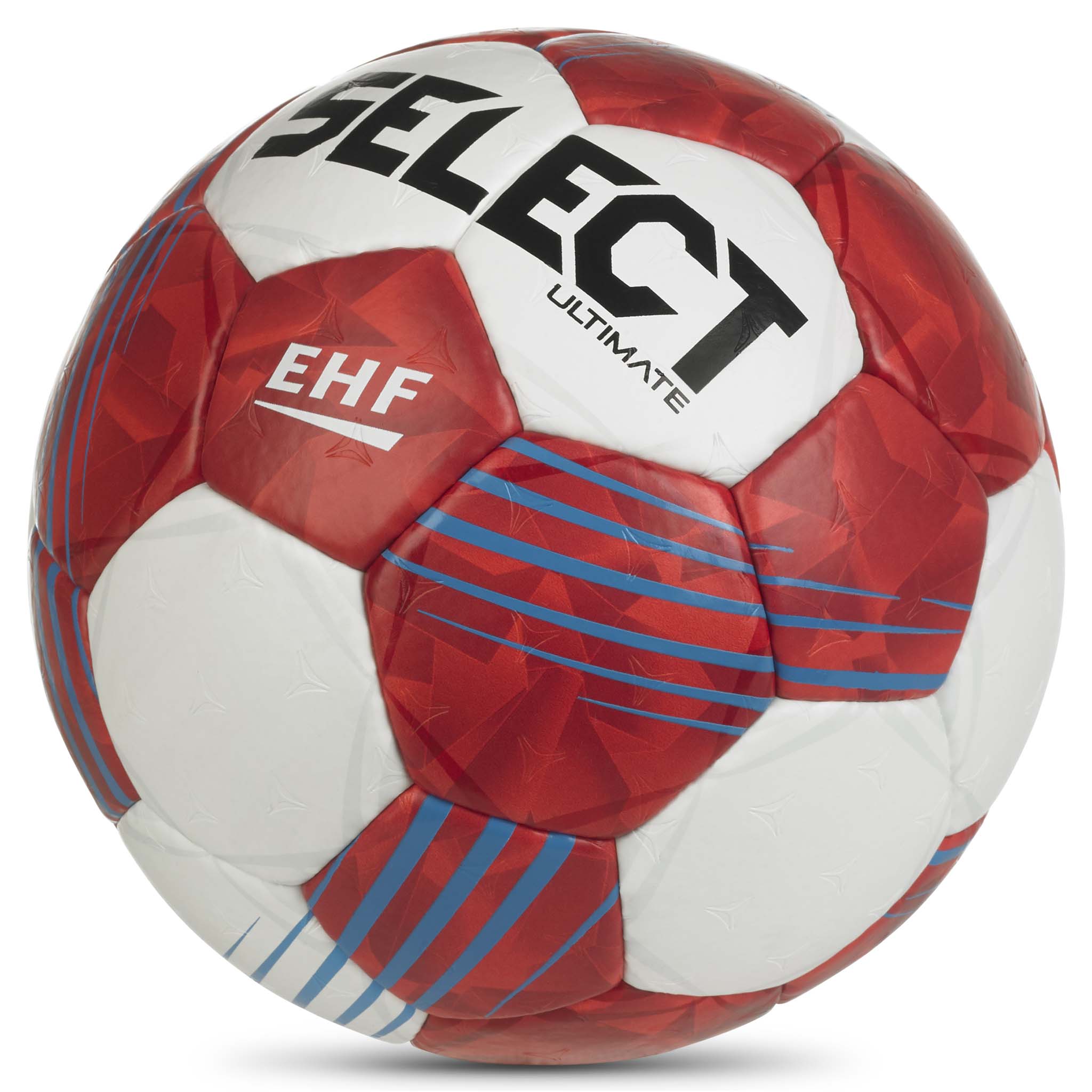 Närbild av röd och vit Ultimate v26 handboll med blå detaljer och EHF-logga