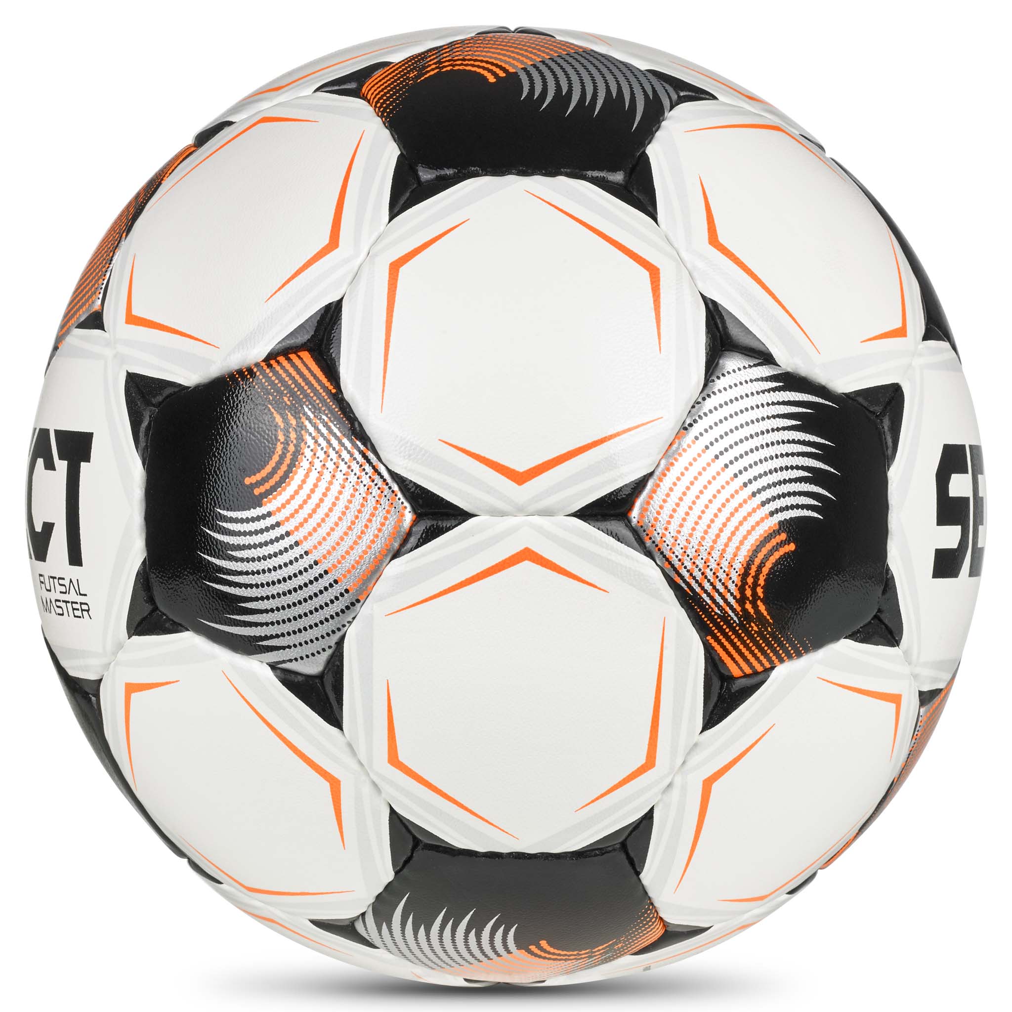 Vit, orange och svart Futsal Master v26 futsalboll, sedd från höger sida.