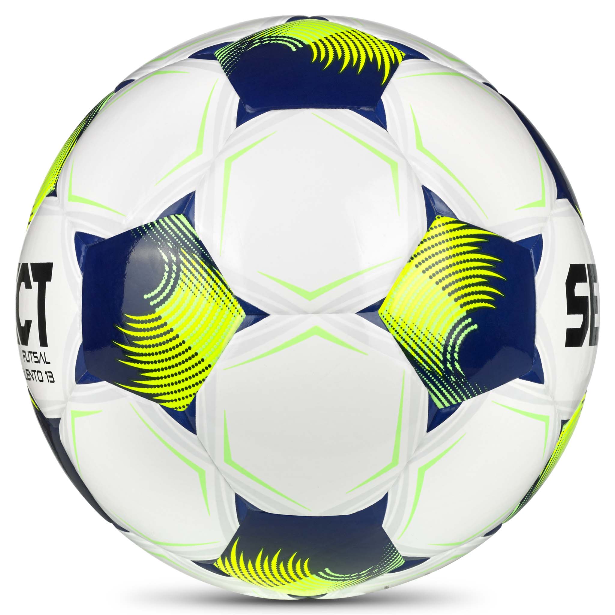 Futsal Talento 13 v26 fotboll, vit med blå och gröna detaljer, sedd från höger