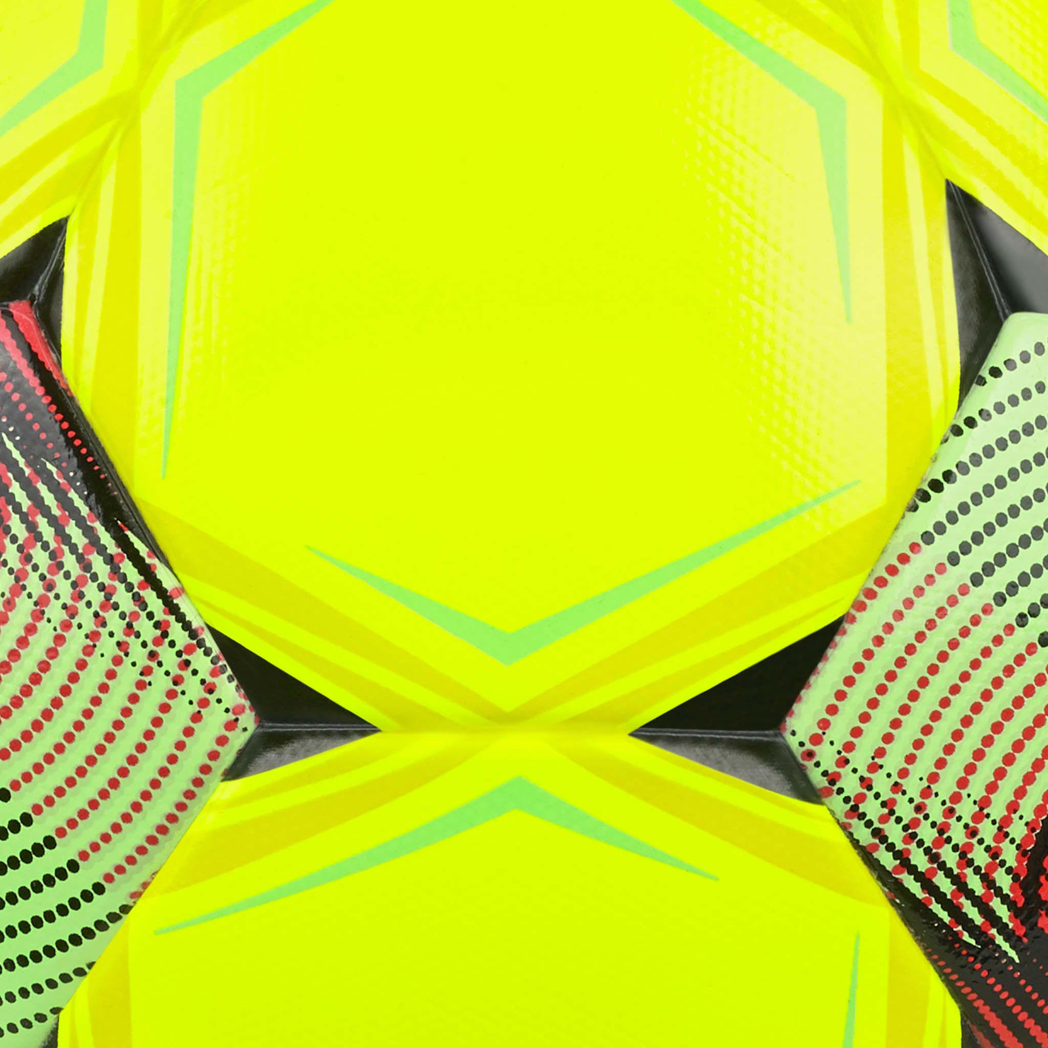 Närbild av Futsal Mimas v26-boll med neongul yta och gröna, svarta och röda detaljer.