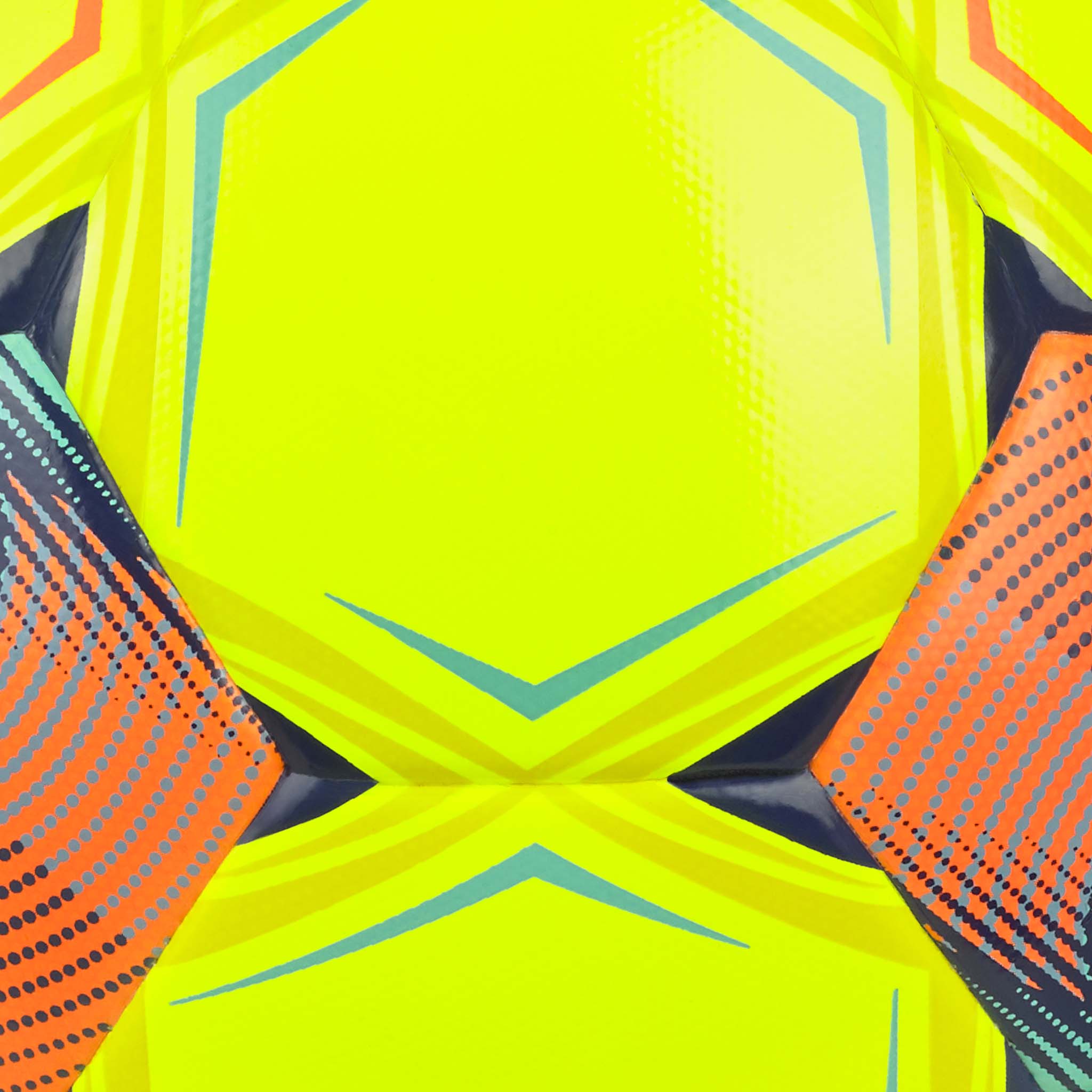 Närbild av Futsal Super v26 fotboll i neongul med orange, blå och marinblå paneldetaljer