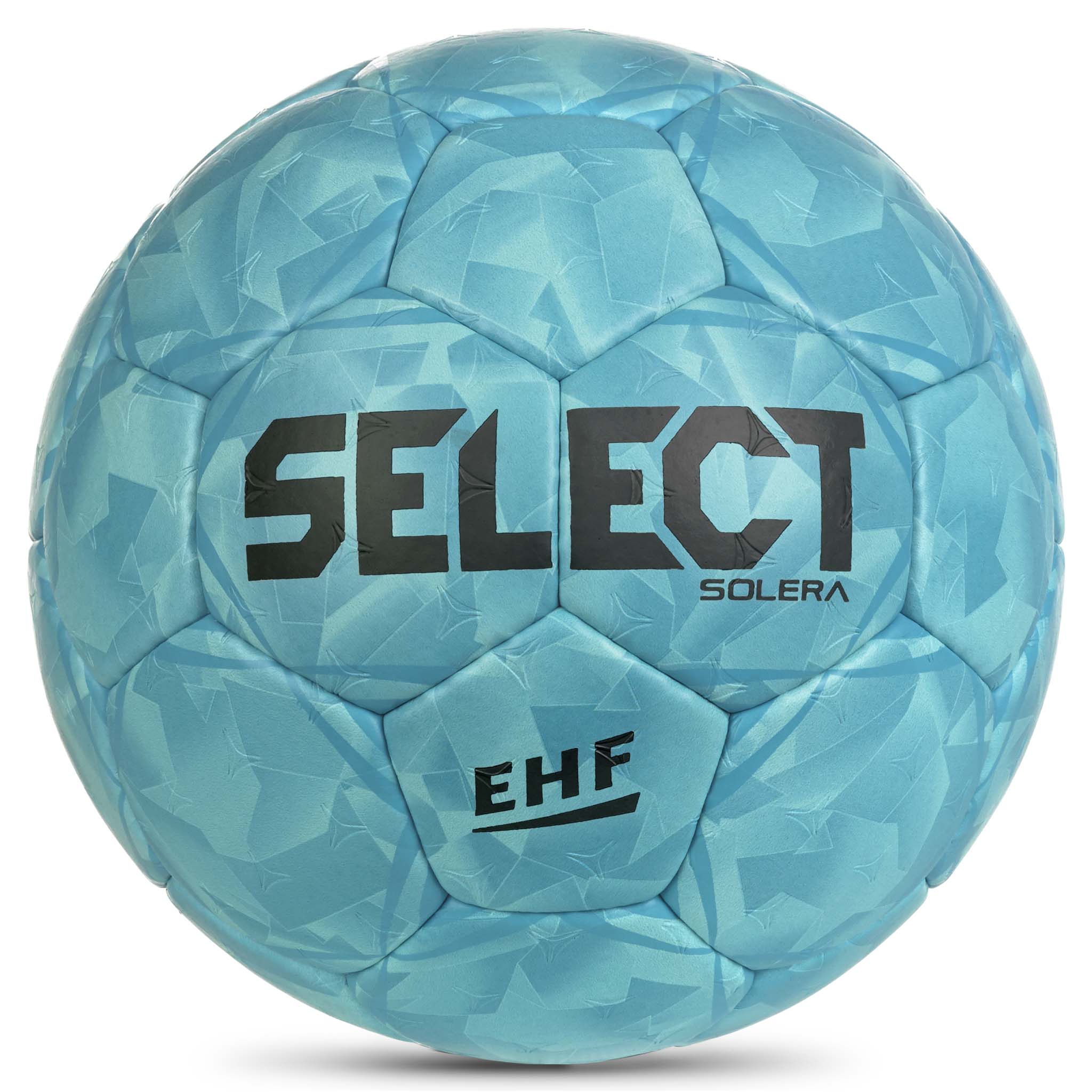 Framsida av blå Solera v26 handboll med svart logotyp, EHF-märke och strukturerad paneldesign